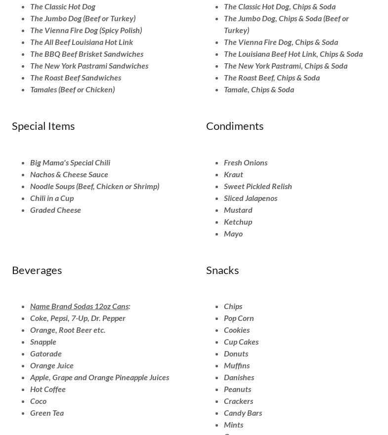 Big Mama's Hotdogs Menu