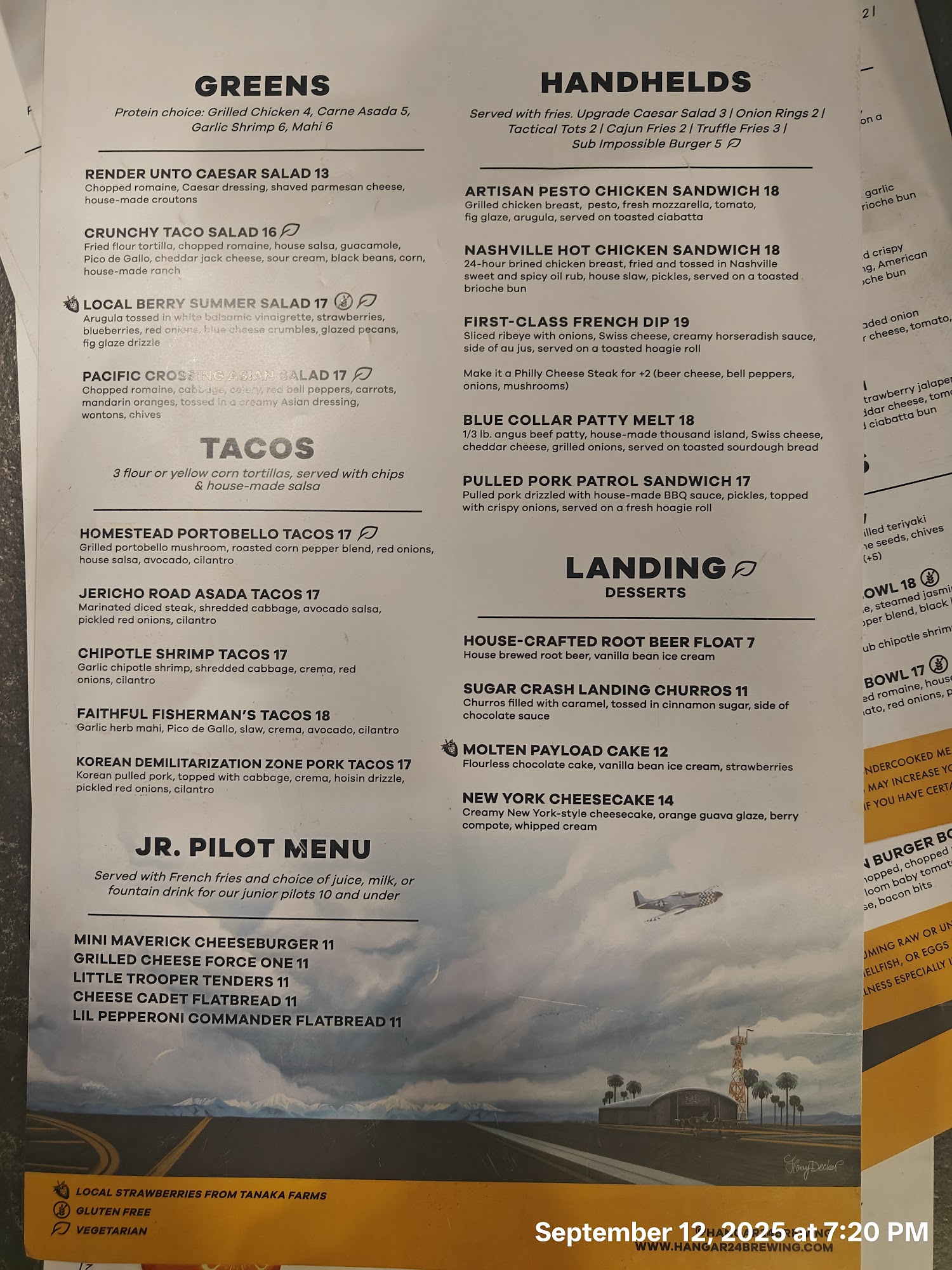 Hangar 24 Riverside Menu