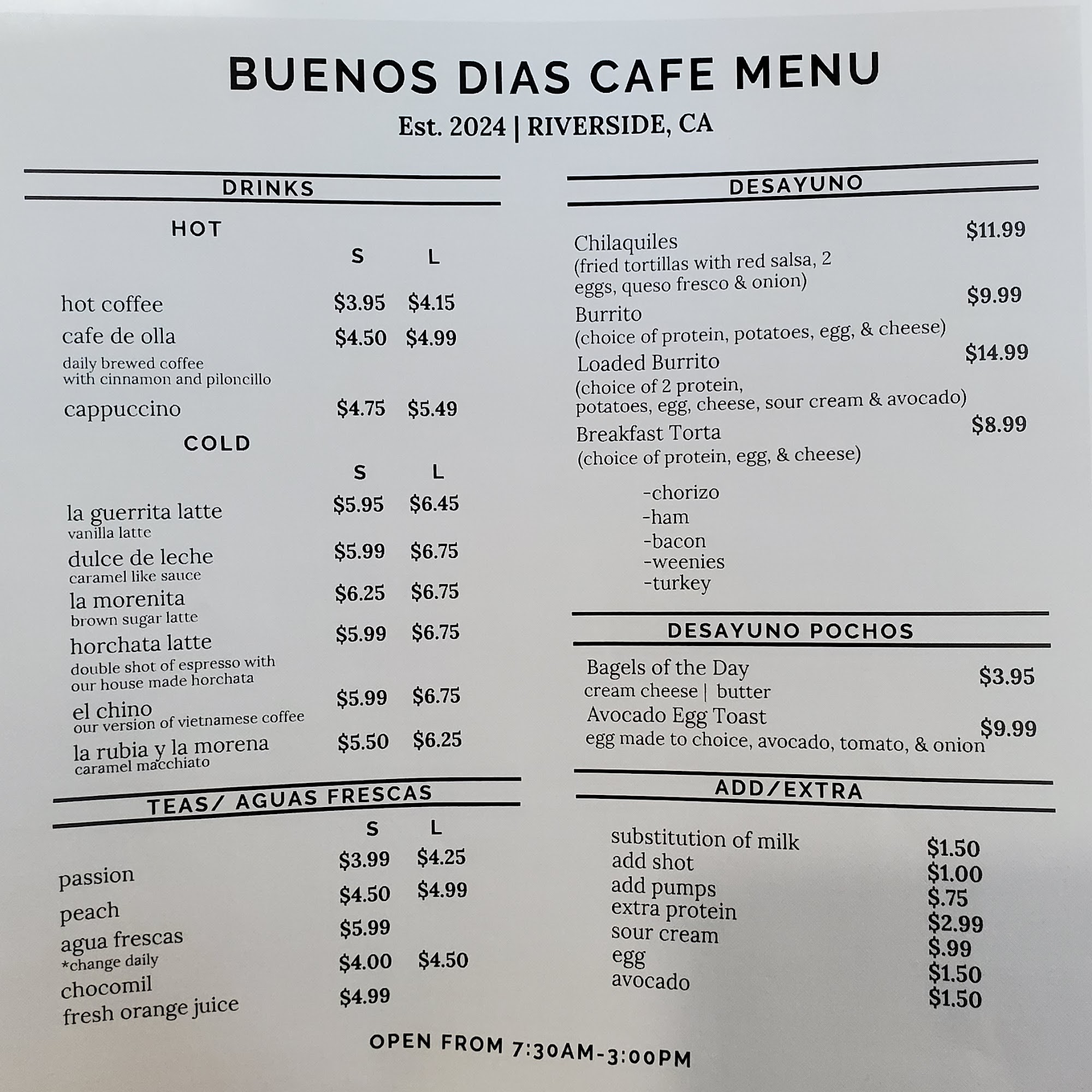 buenos días cafe Menu
