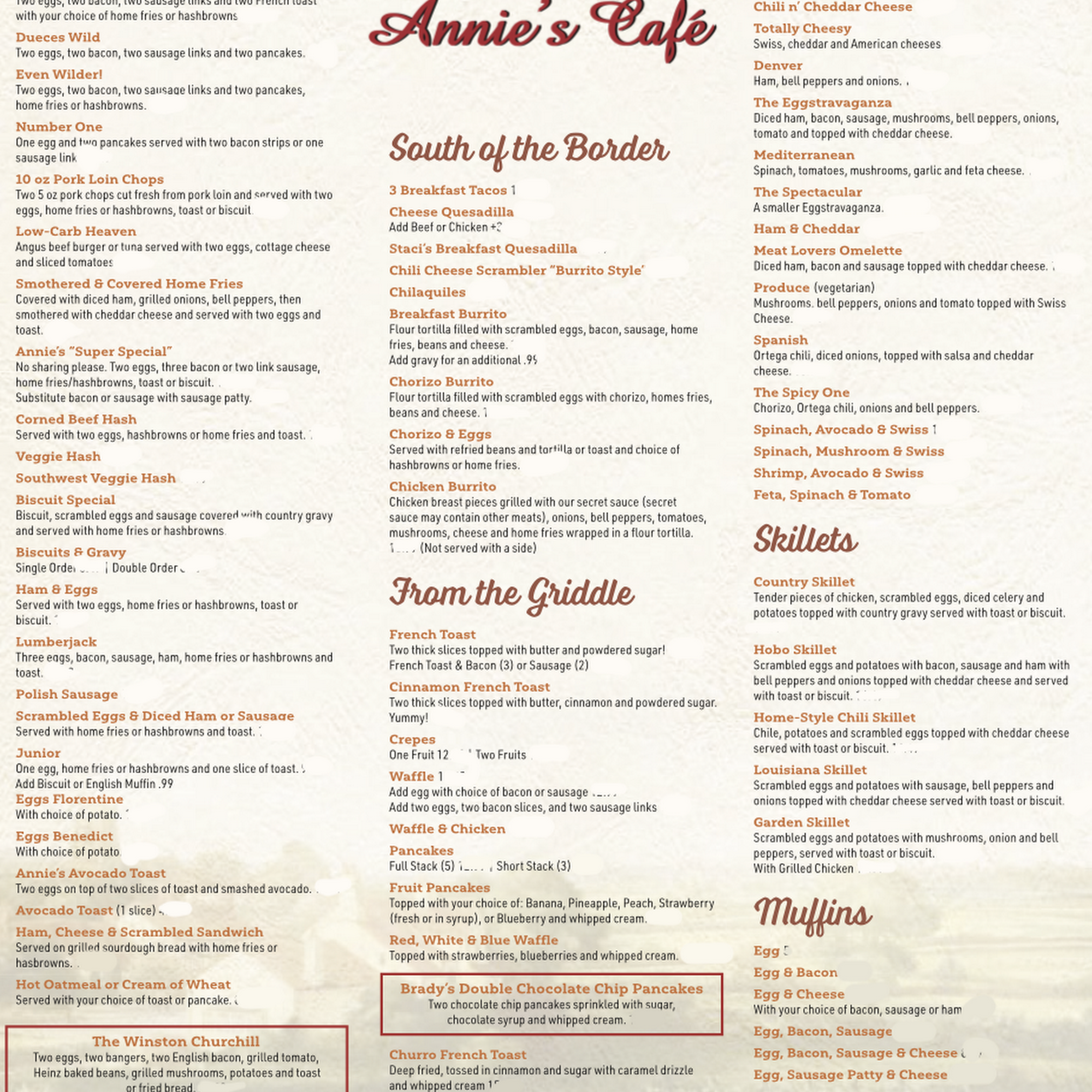 Annie's Cafe Riverside Menu