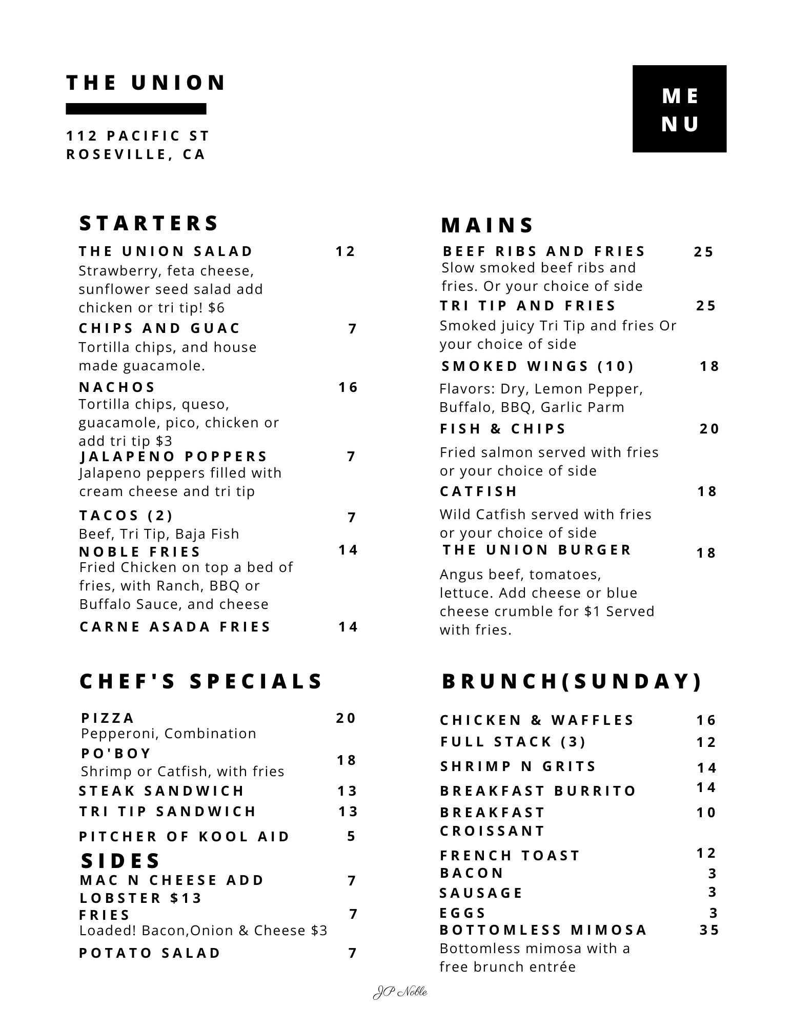 JP Noble at the Union Menu