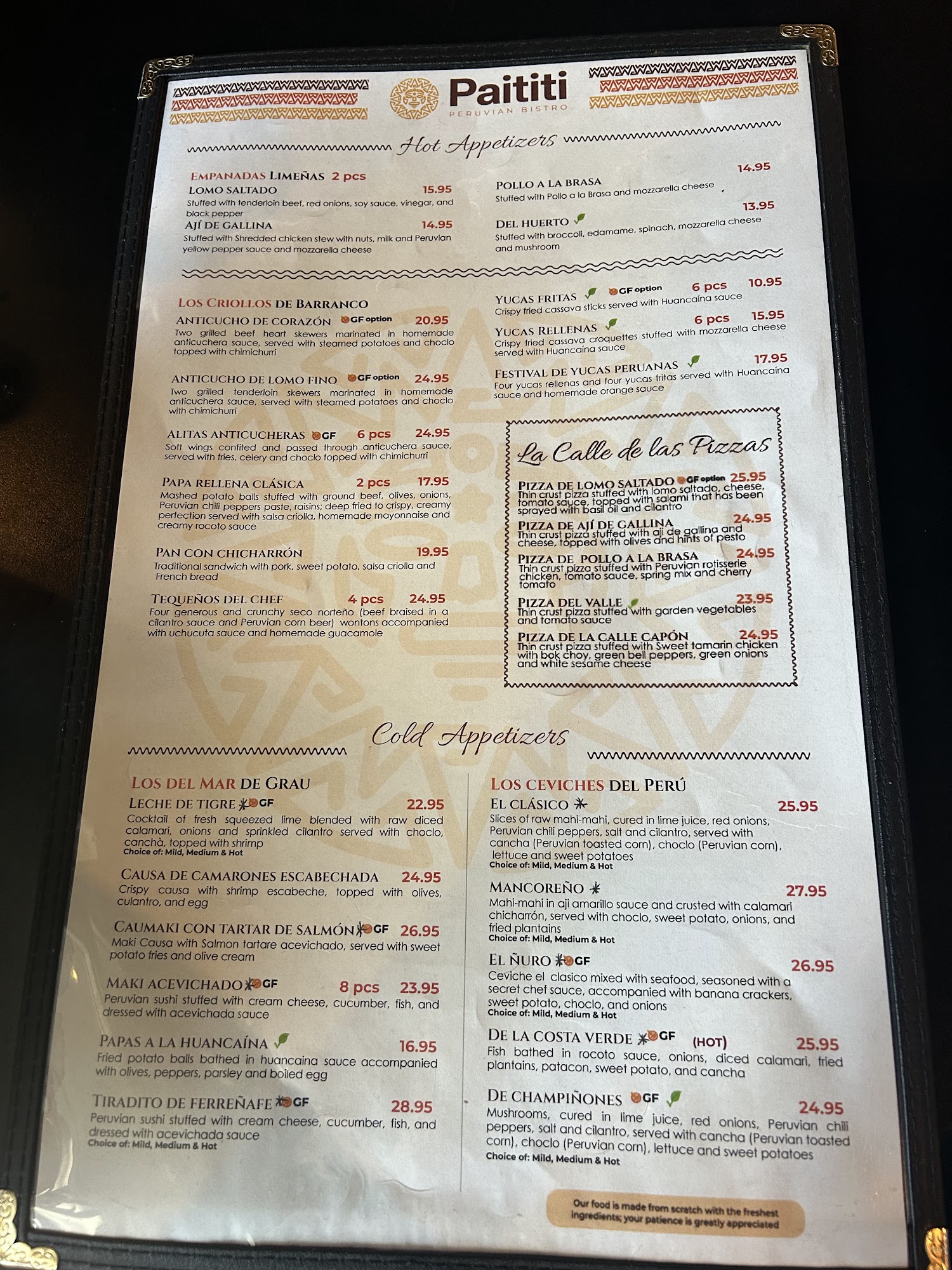 Paititi Peruvian Bistro Menu