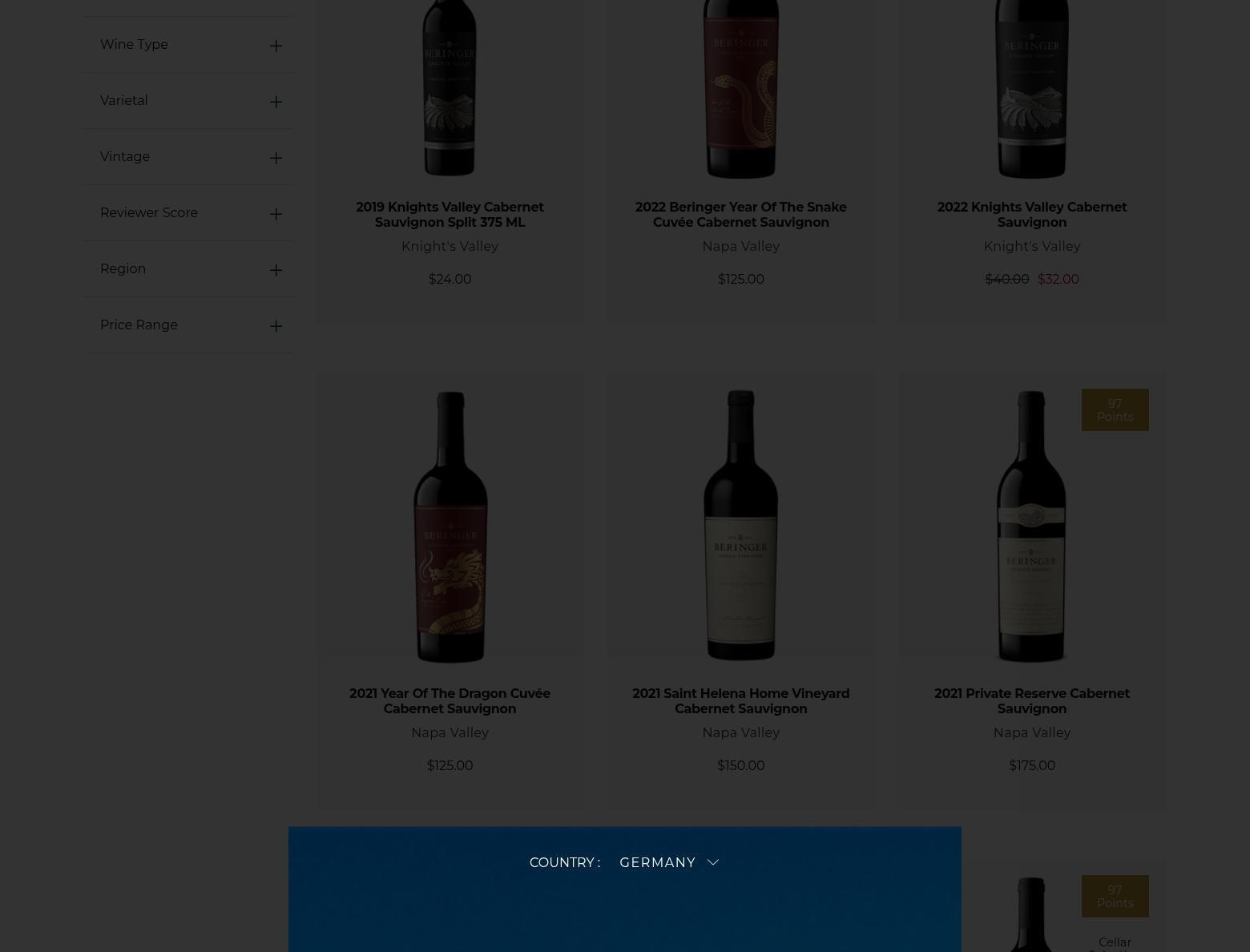 Beringer Vineyards Menu