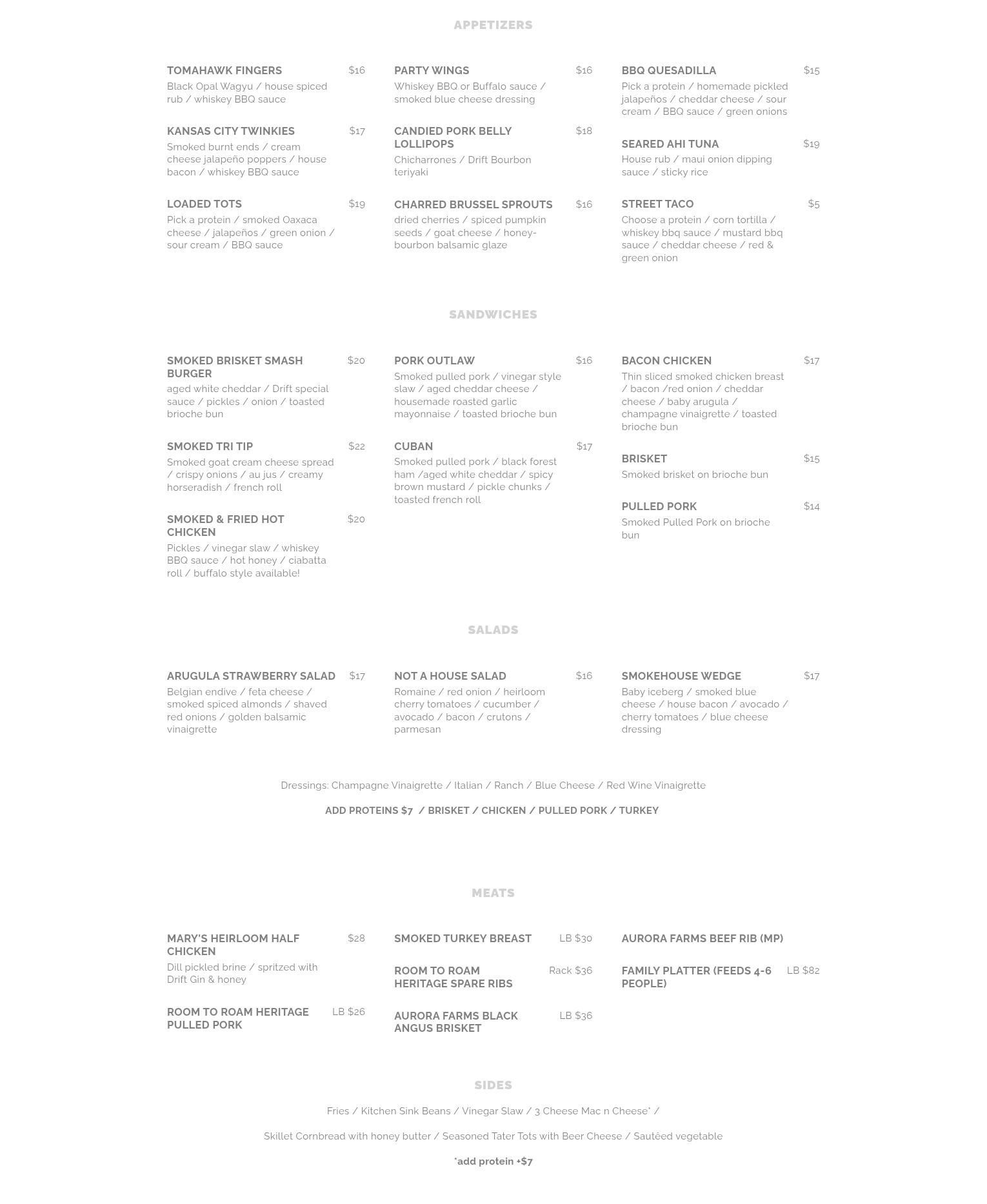 Drift Distillery & Smokehouse Menu