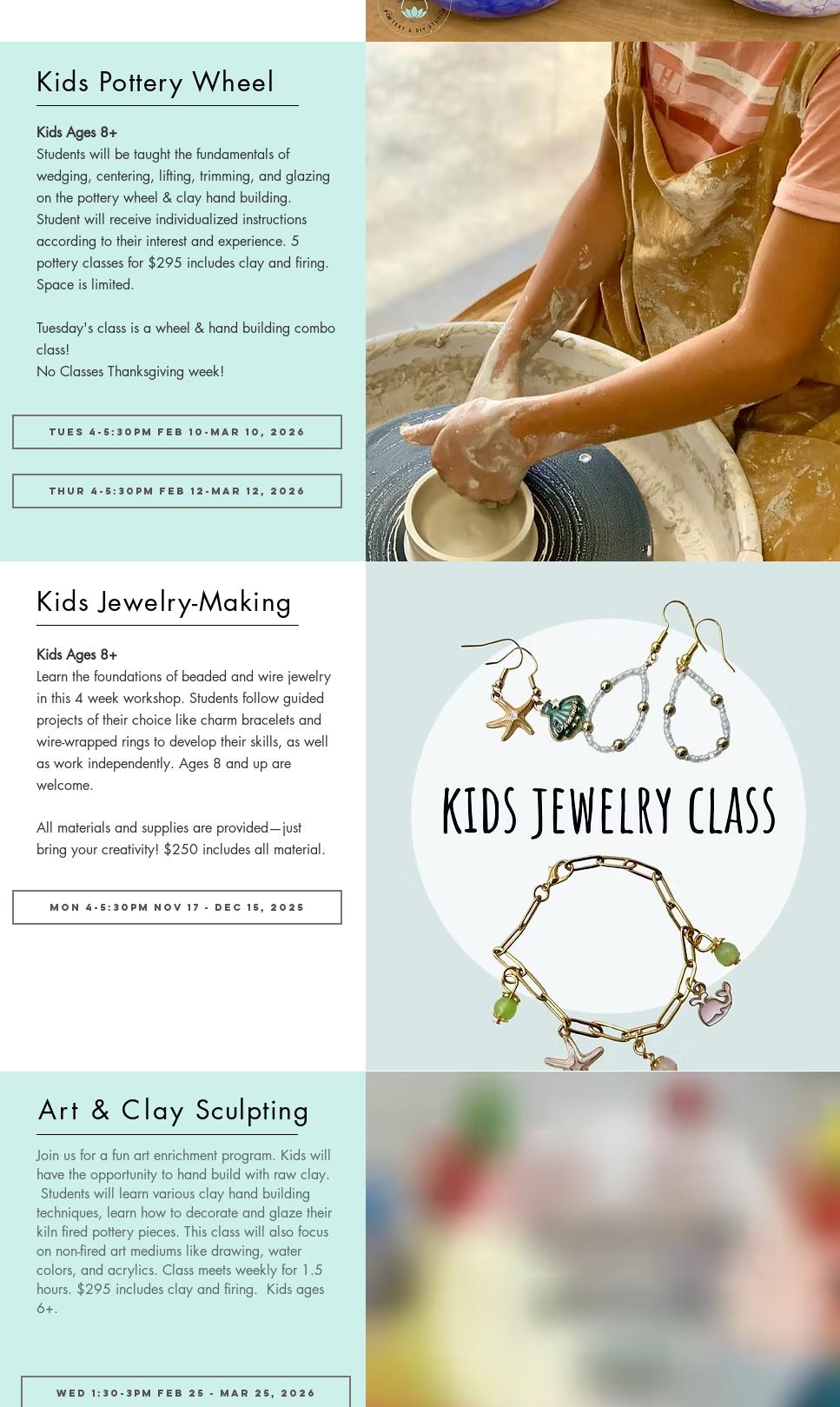 Cool Creations, Pottery & Art Studio Menu