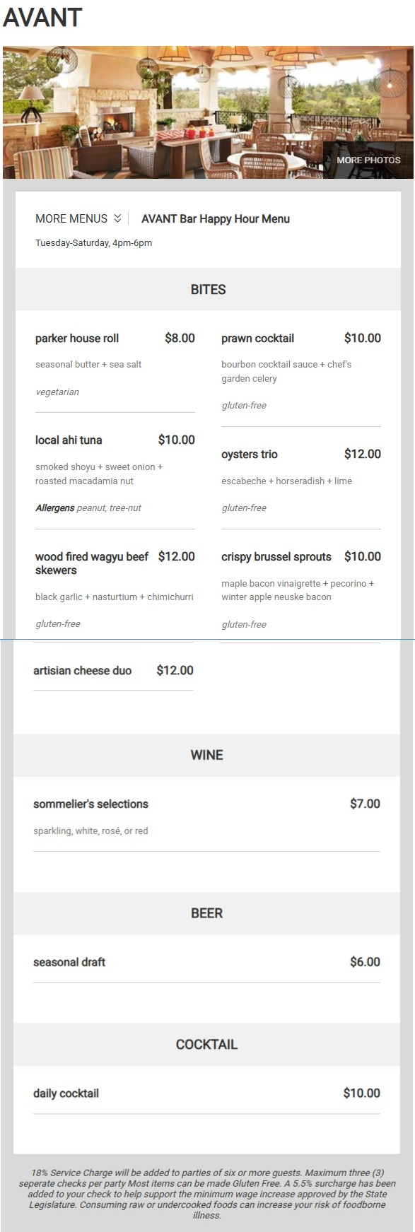 AVANT Restaurant Menu
