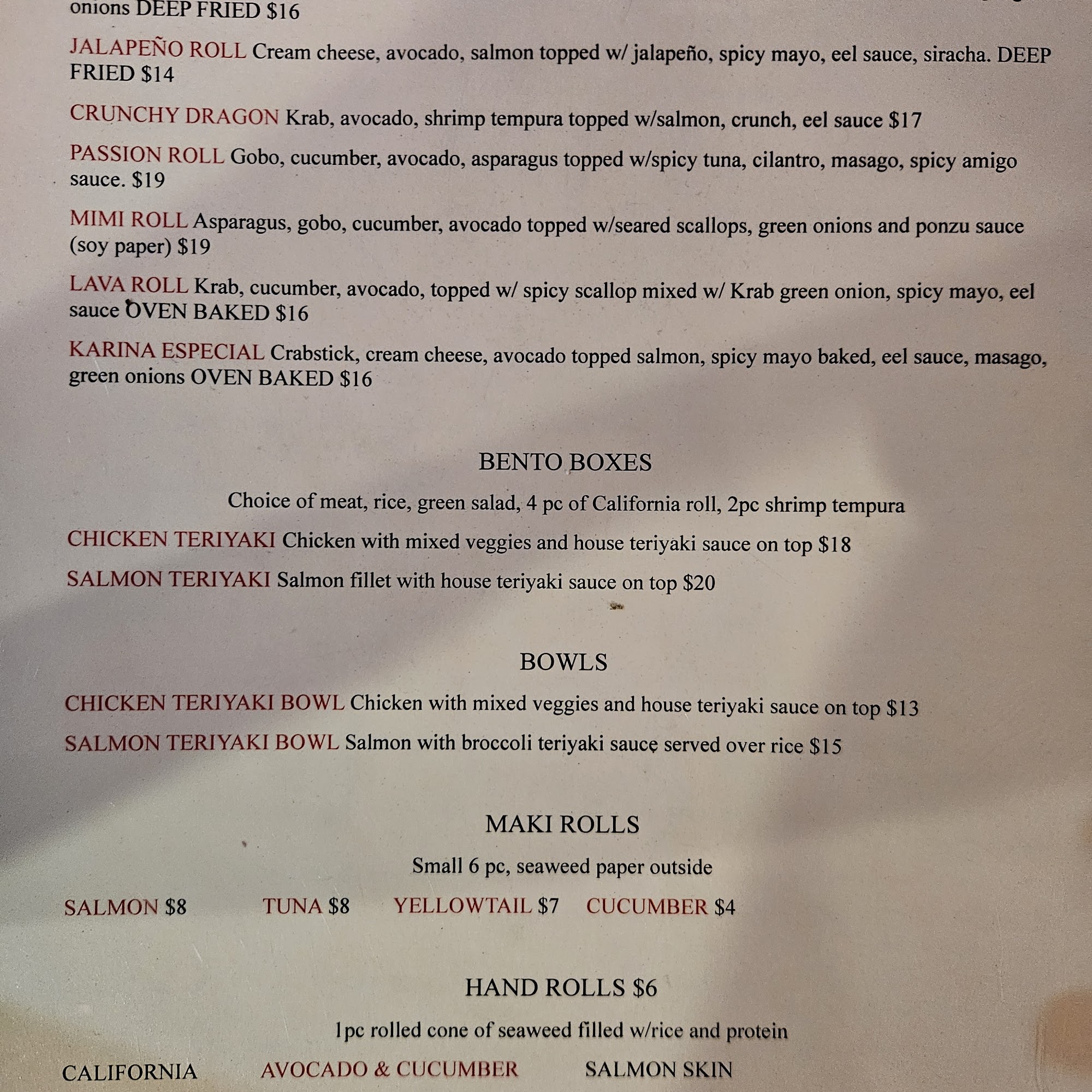 Dragon Sushi Menu