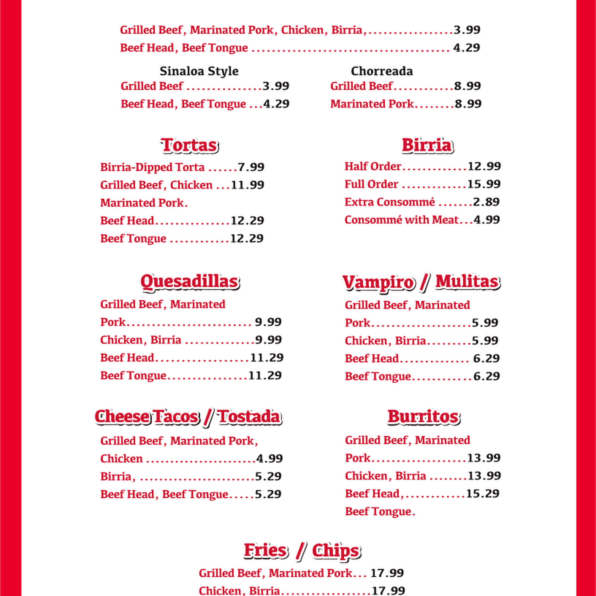 Tacos El Prieto Menu