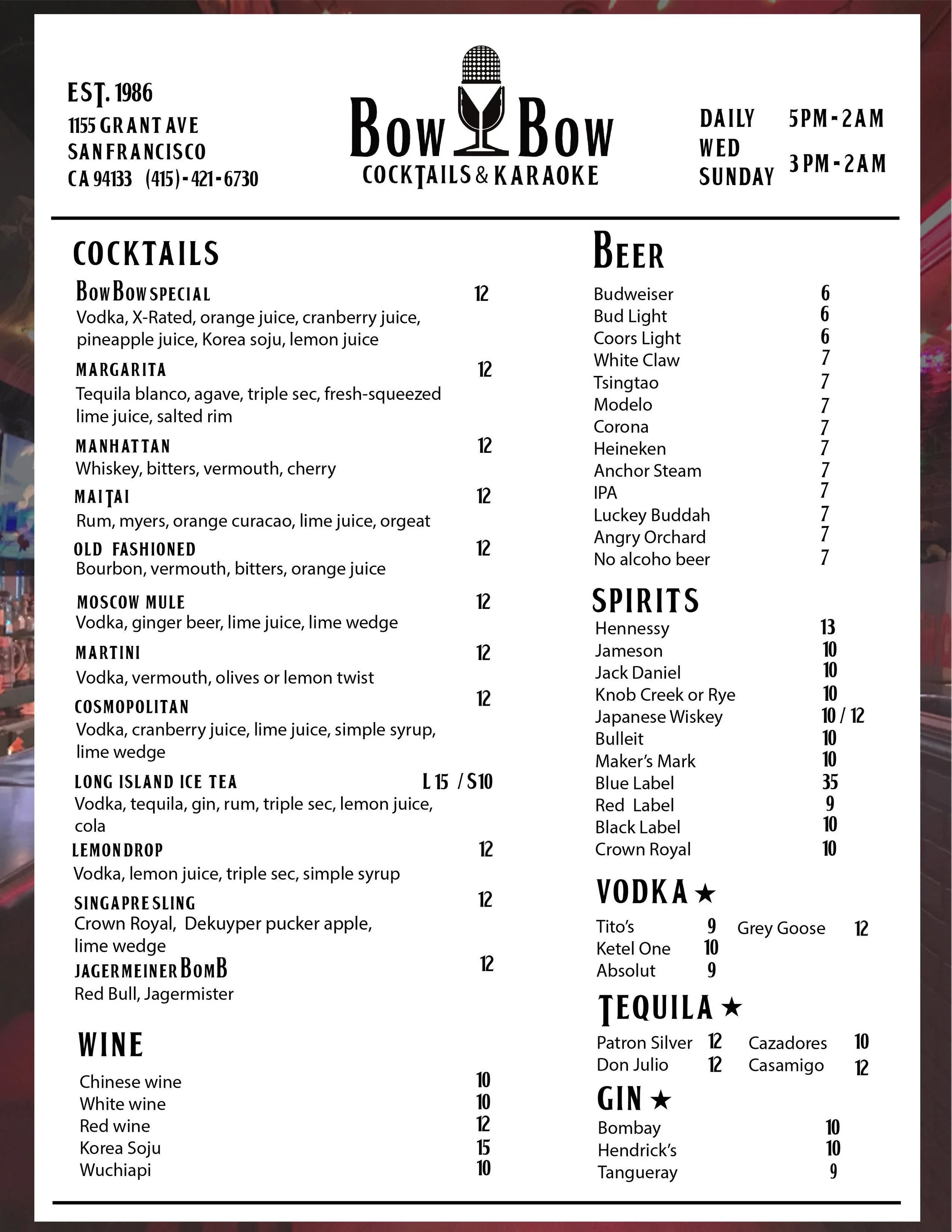 Bow Bow Cocktail Lounge Menu