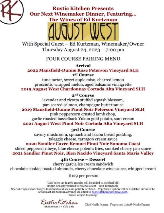 August West Wines LLC Menu