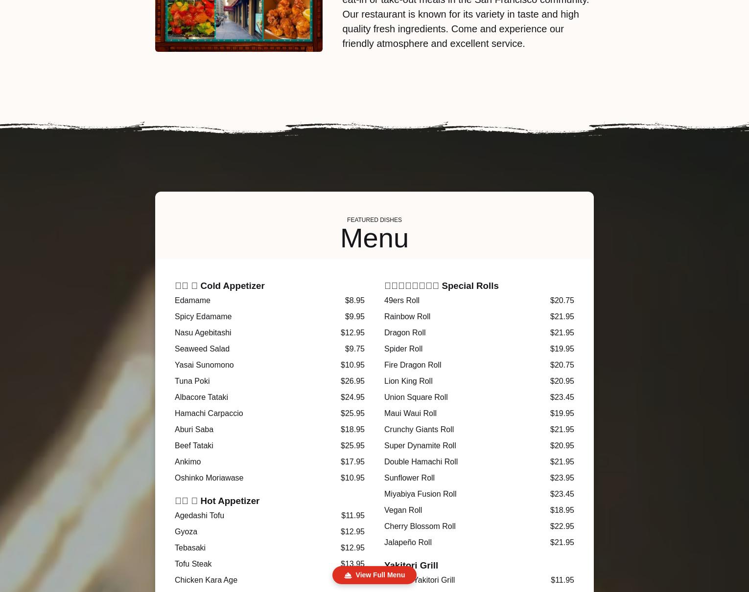 Miyabiya Sushi & Grill Menu