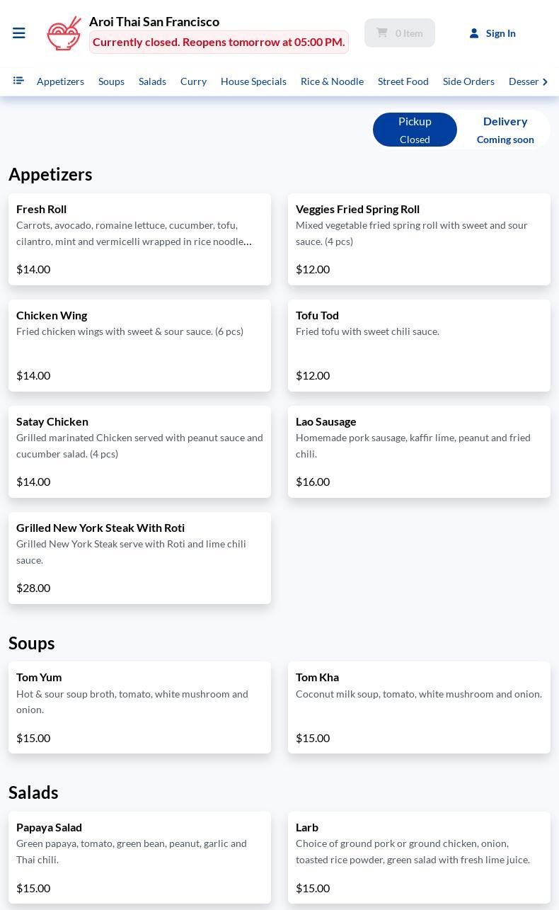 Aroi Thai Restaurant Menu