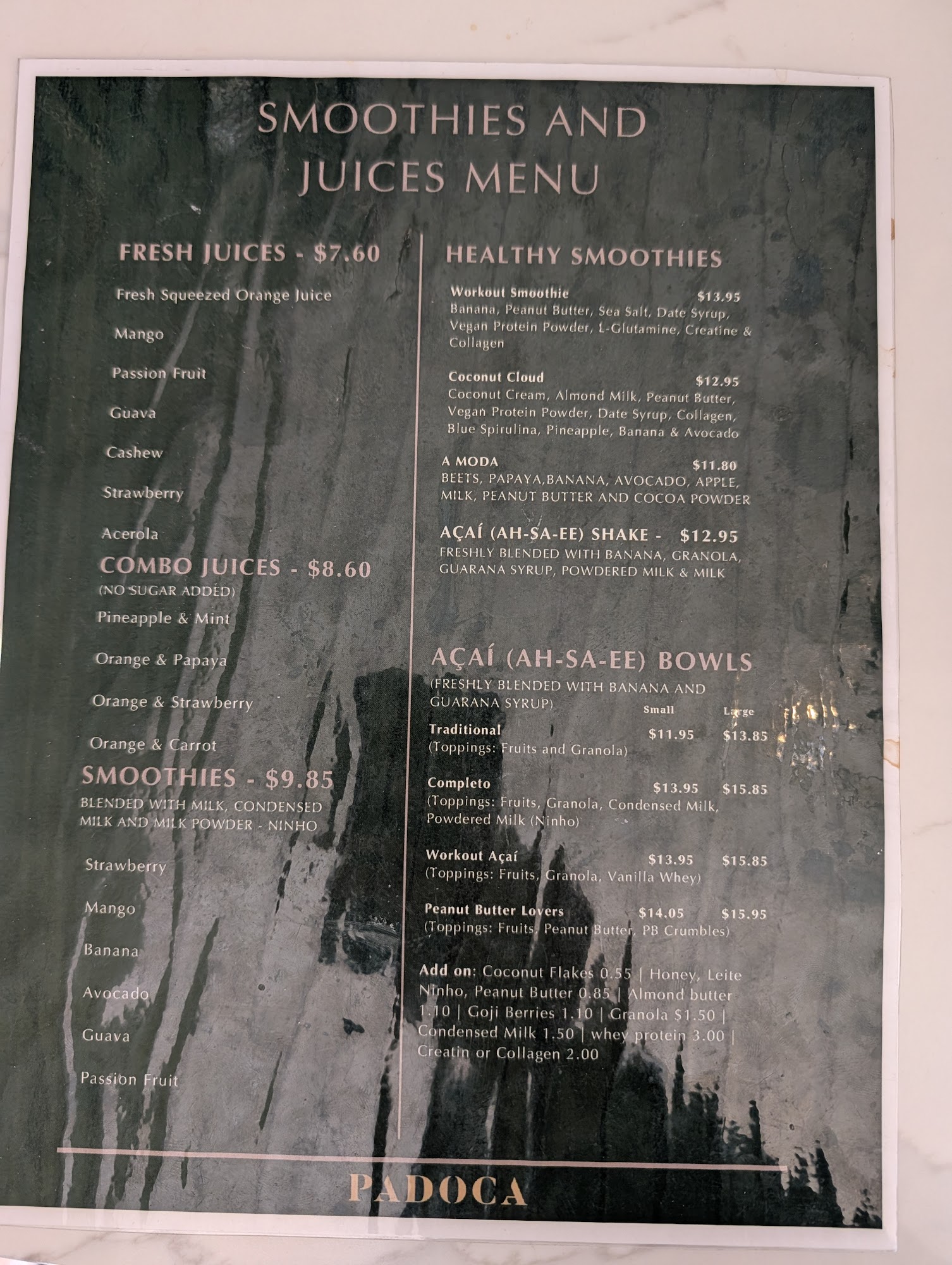 Padoca Cafe Menu