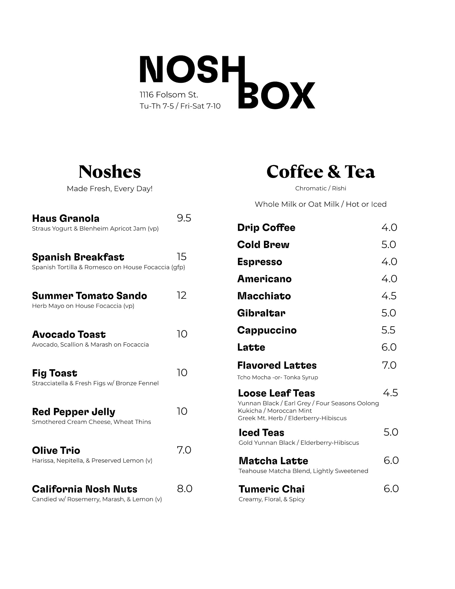 The Nosh Box Menu