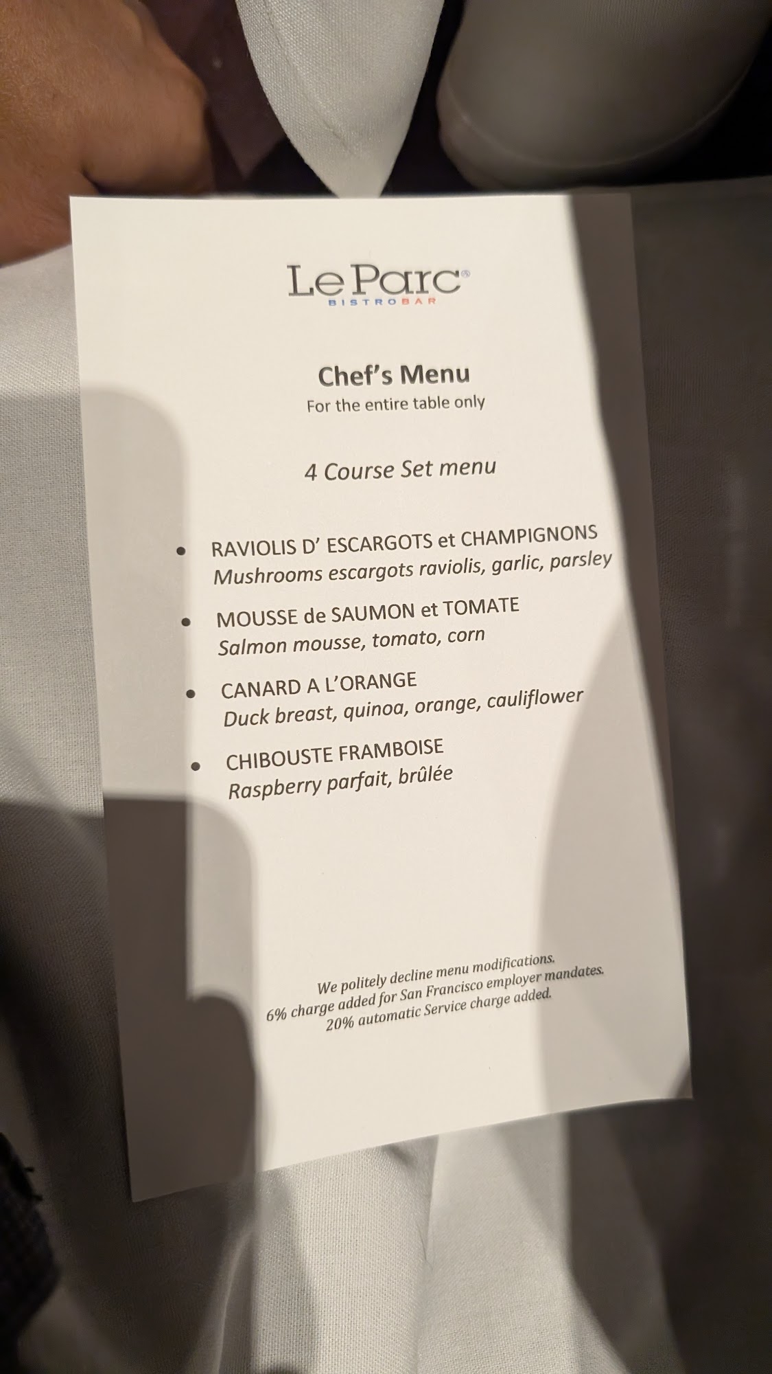 Le Parc Bistrobar Menu