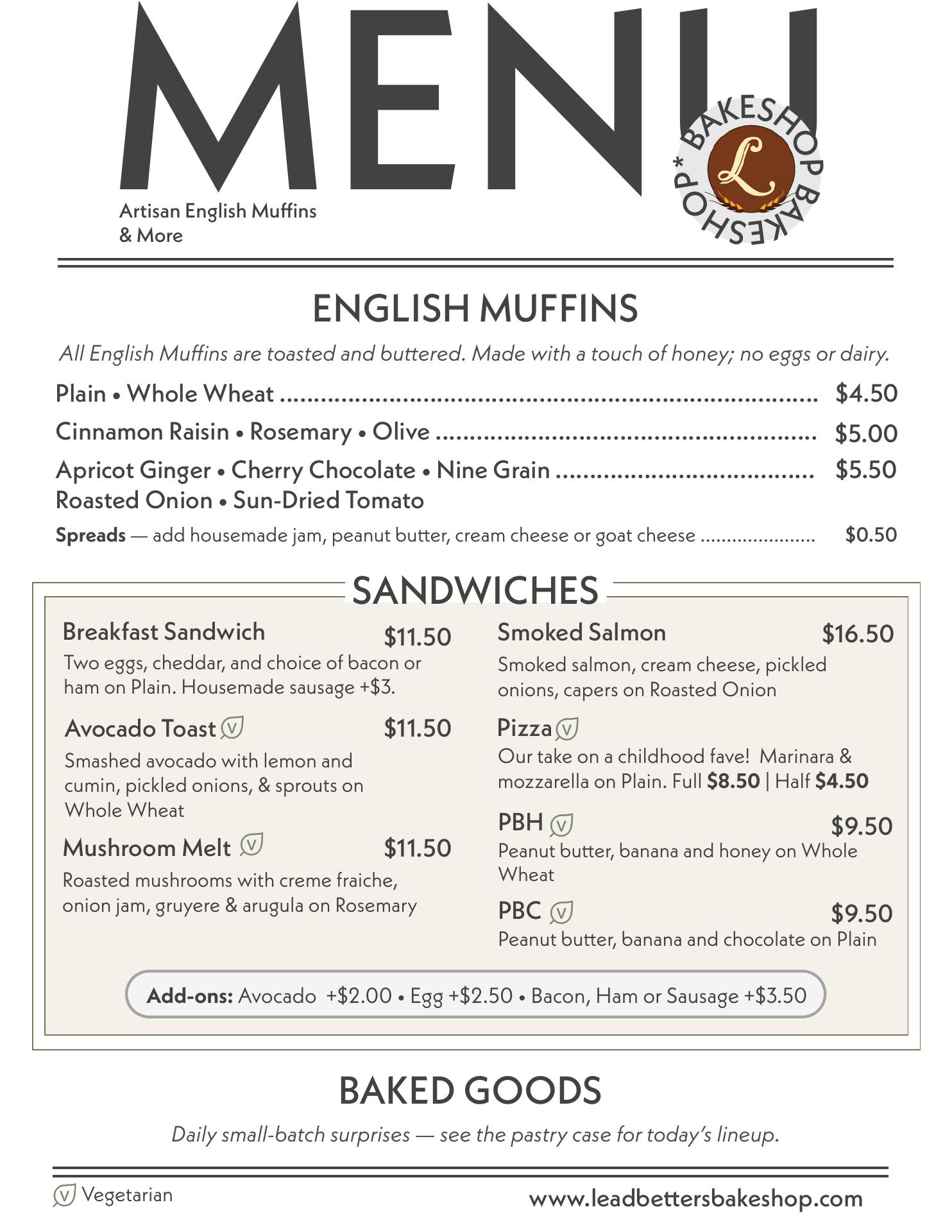 Leadbetter's Bake Shop Menu