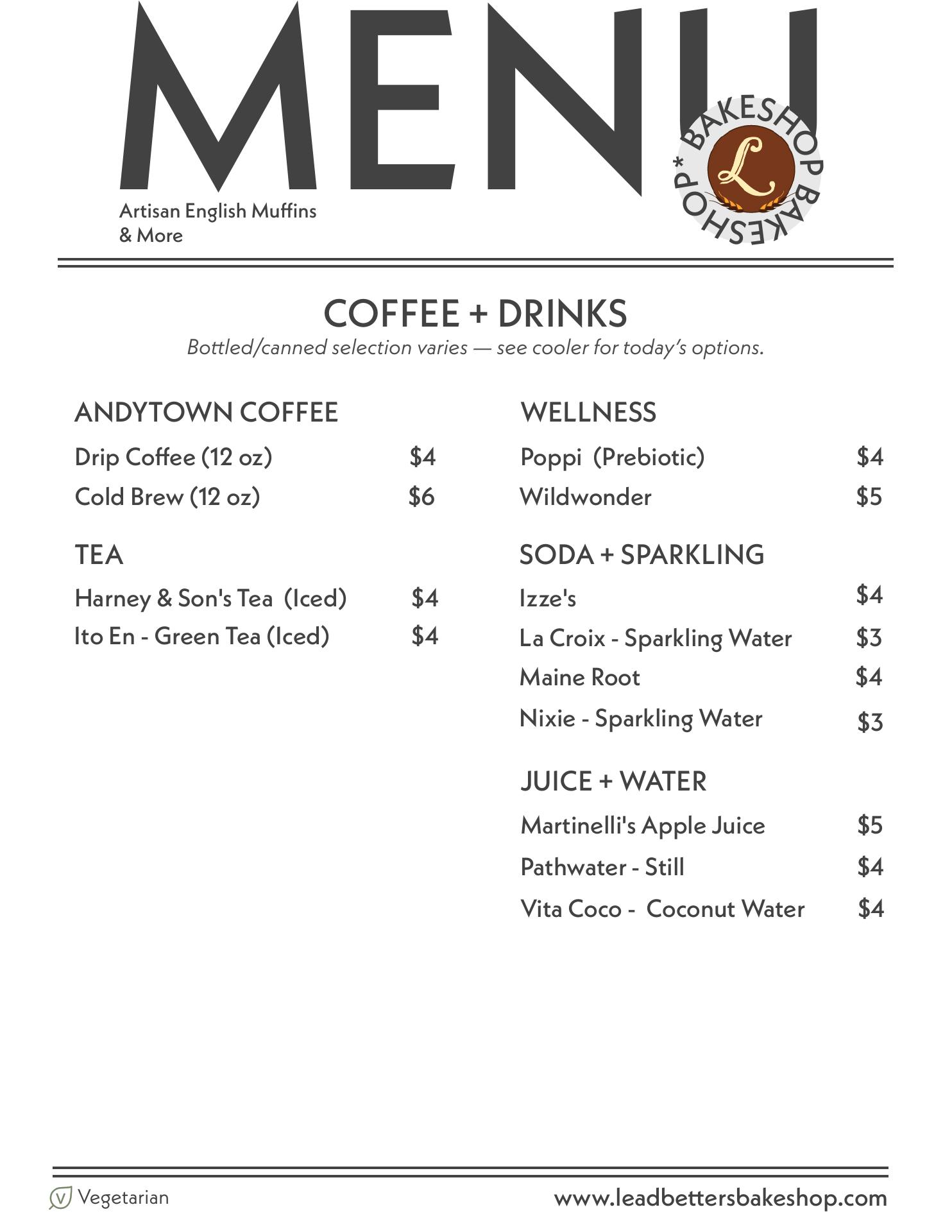 Leadbetter's Bake Shop Menu