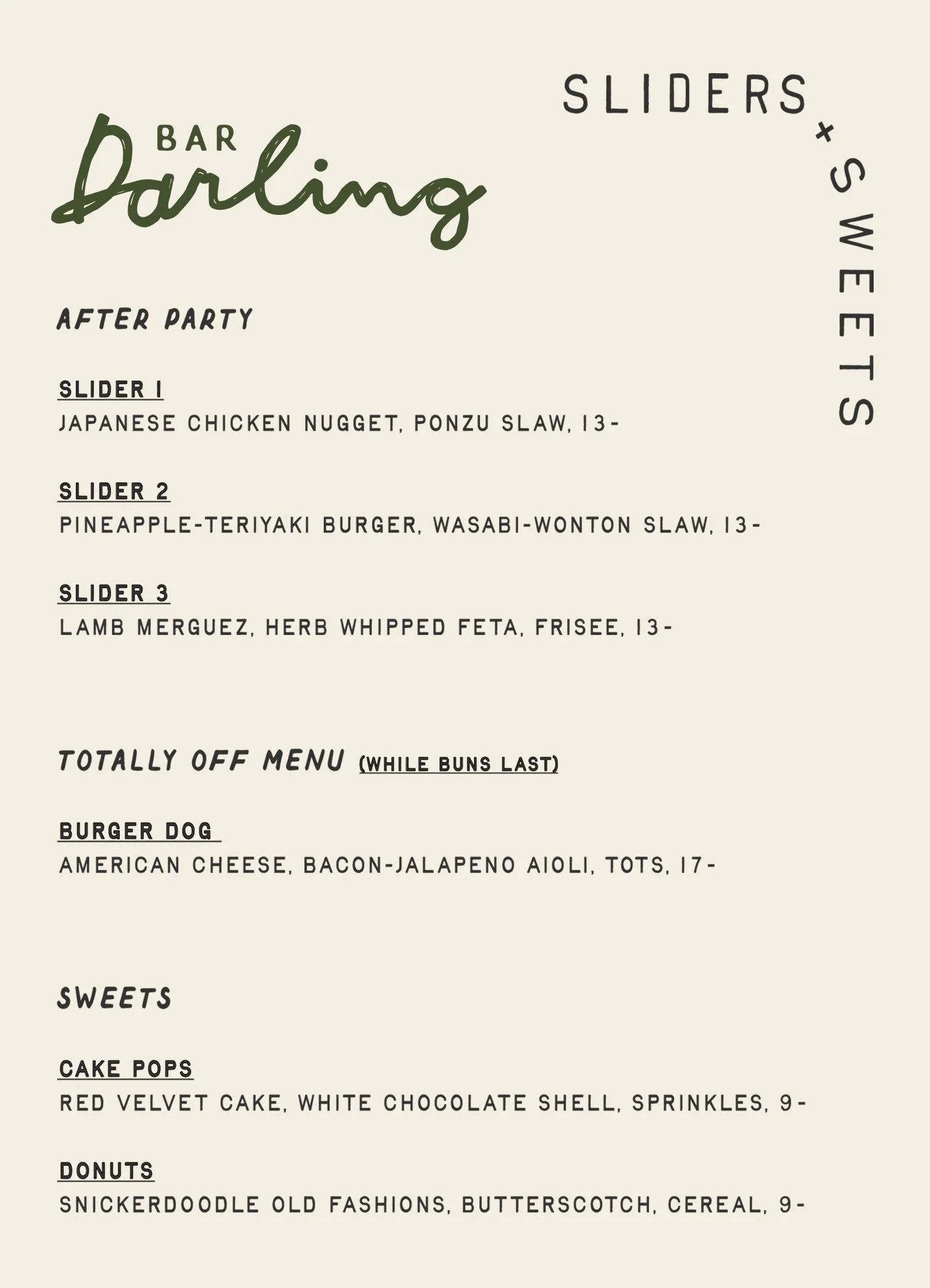 Bar Darling Menu