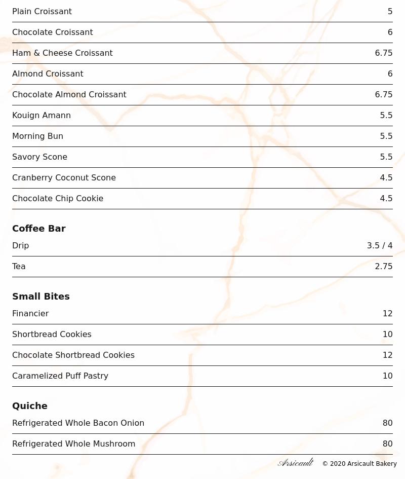 Arsicault Bakery Menu