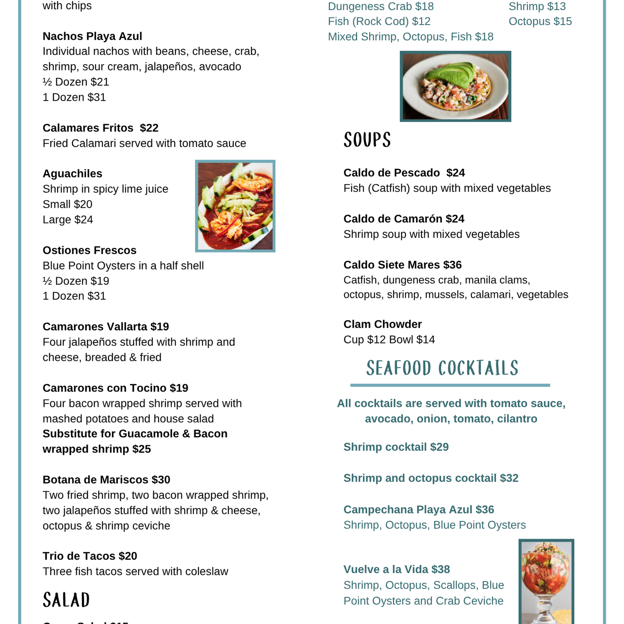 Playa Azul Menu
