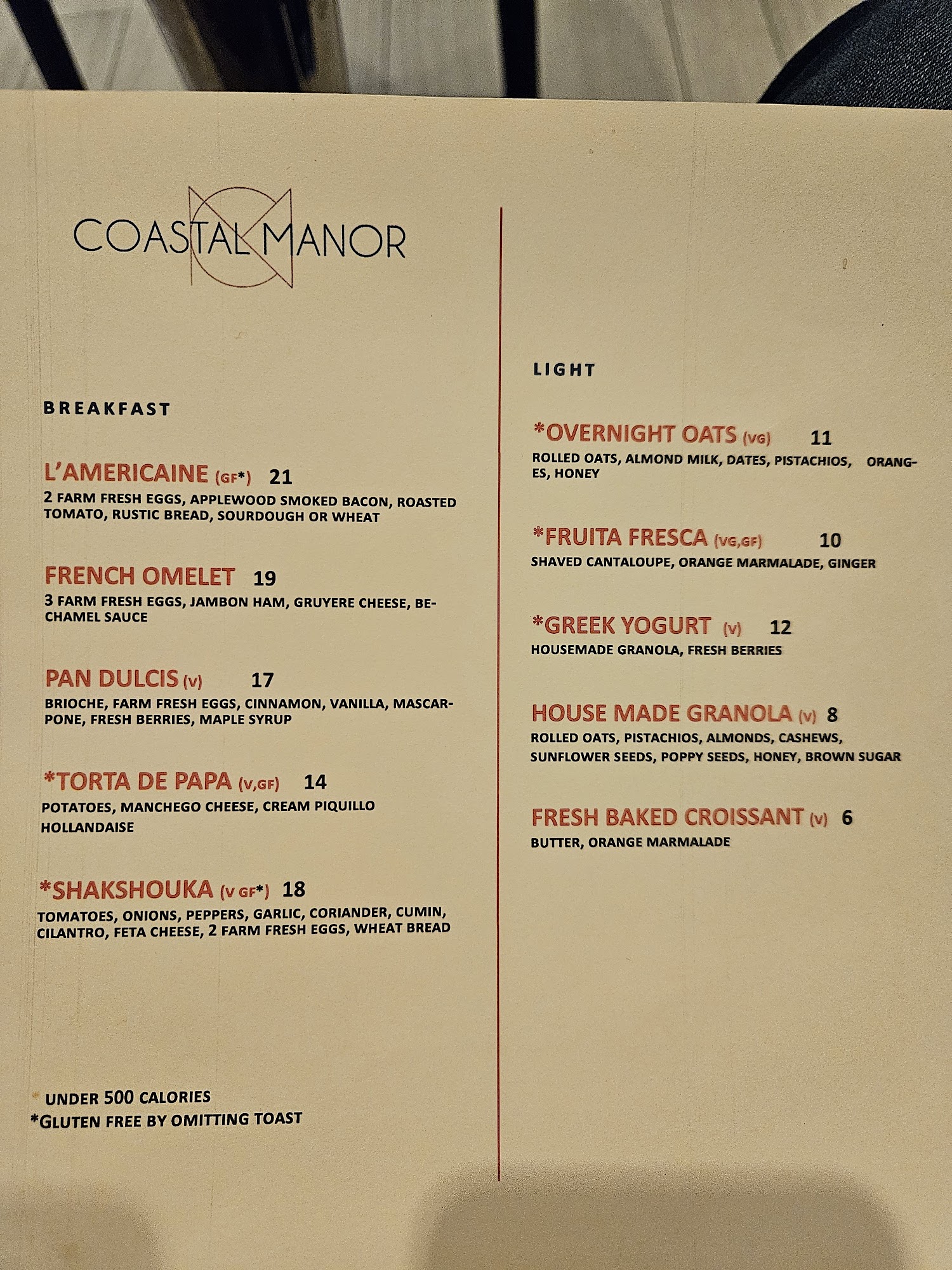 Coastal Manor Restaurant and Bar Menu