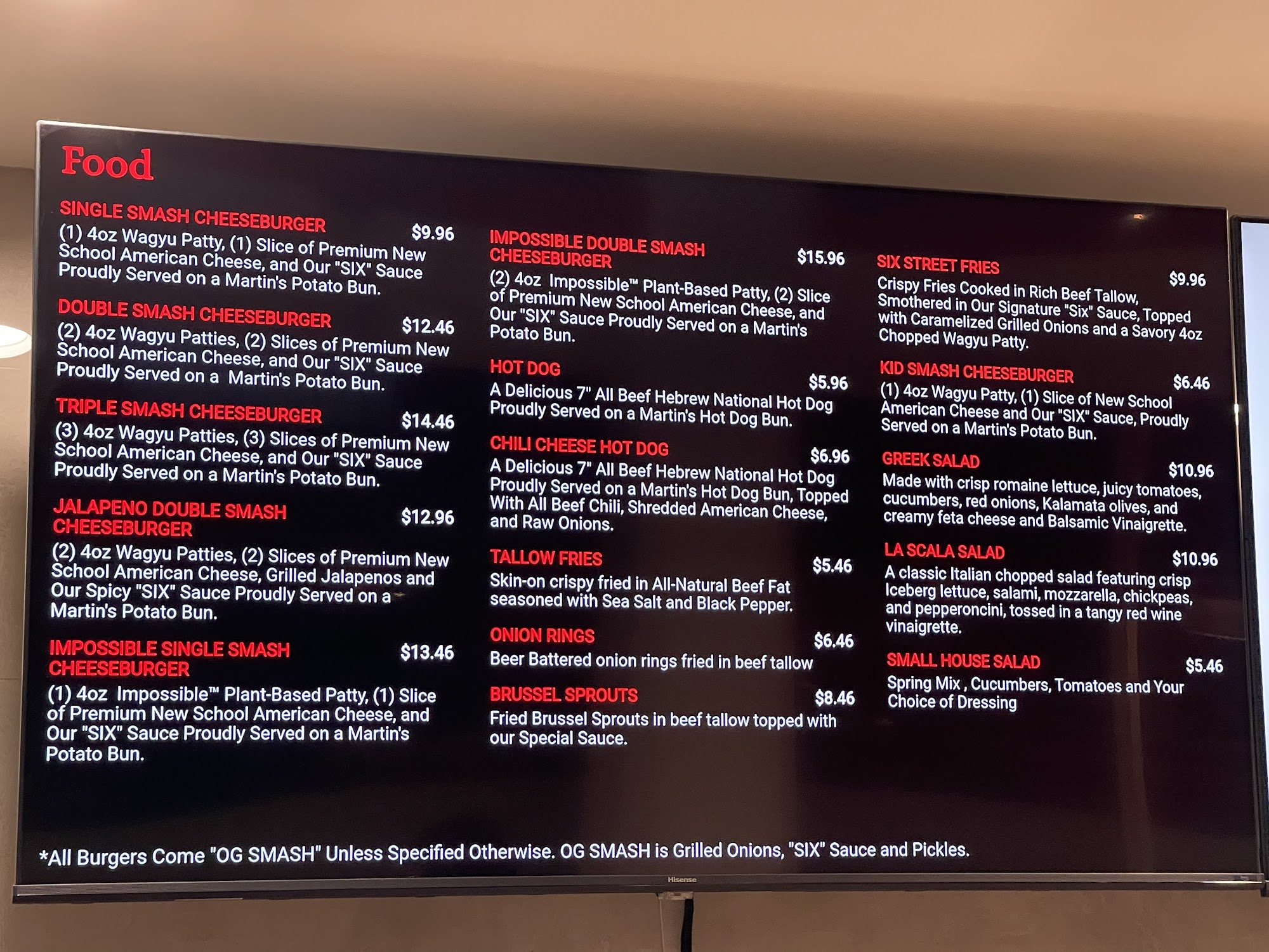 Sixth Street Burger Menu