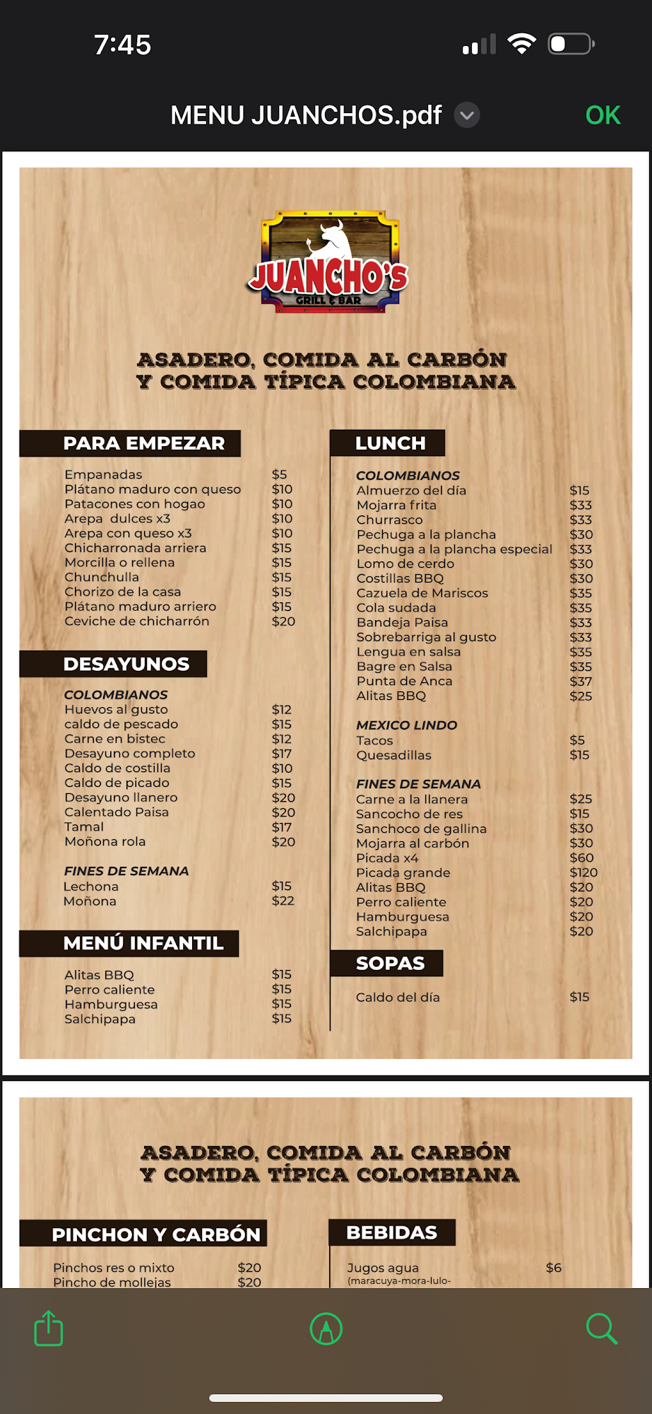Juancho’s Grill Bar & Pool Menu