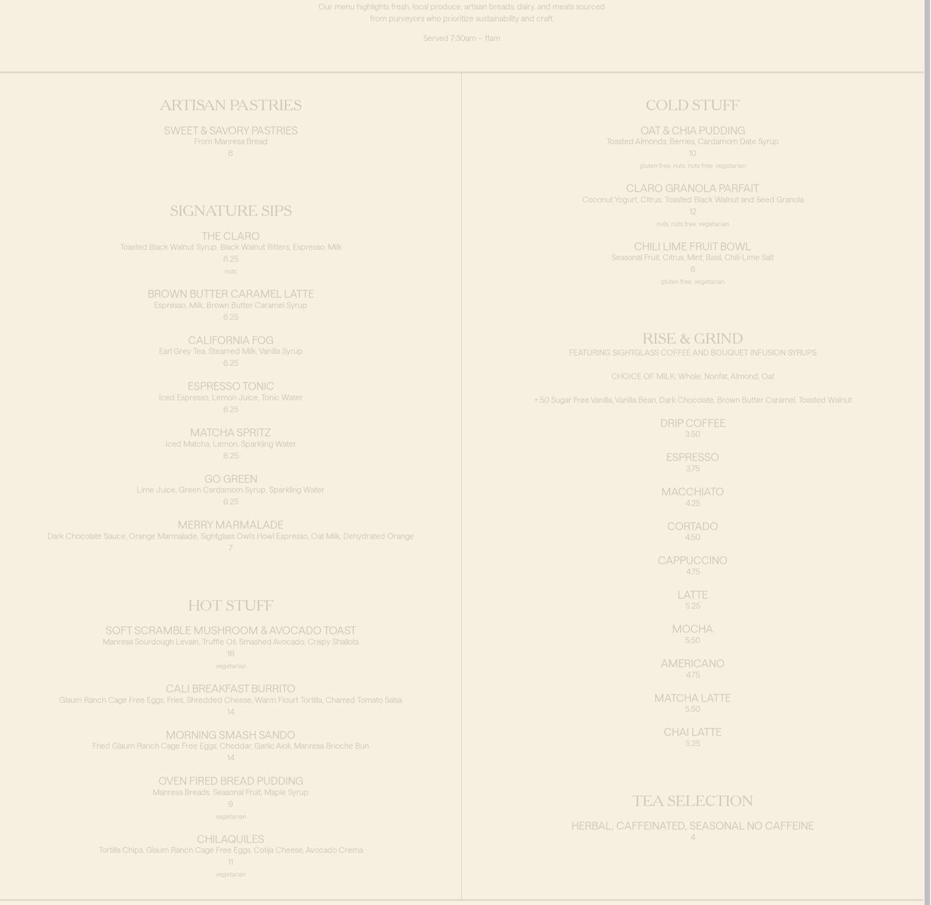 Poppy & Claro Menu