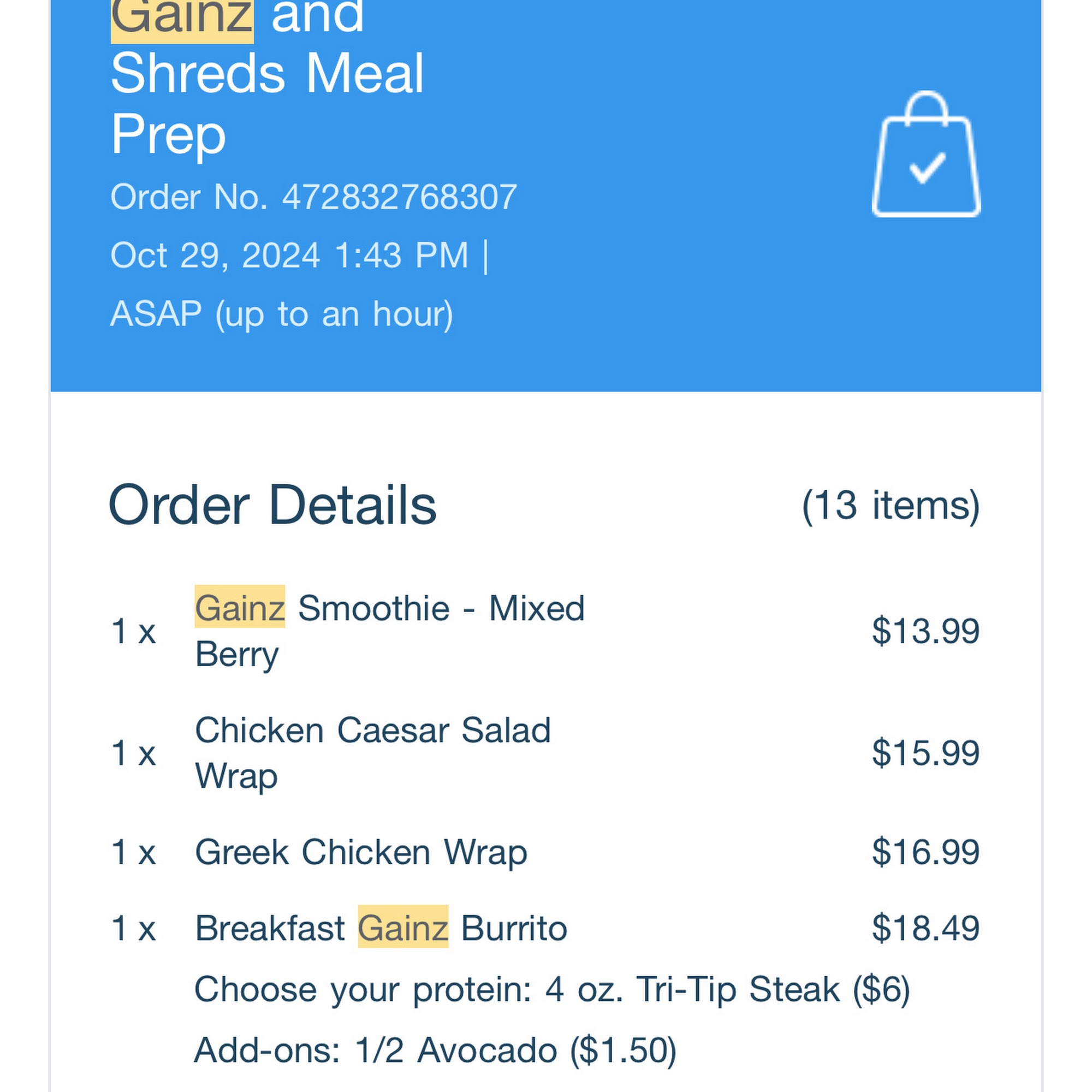 Gainz and Shreds Meal Prep Menu