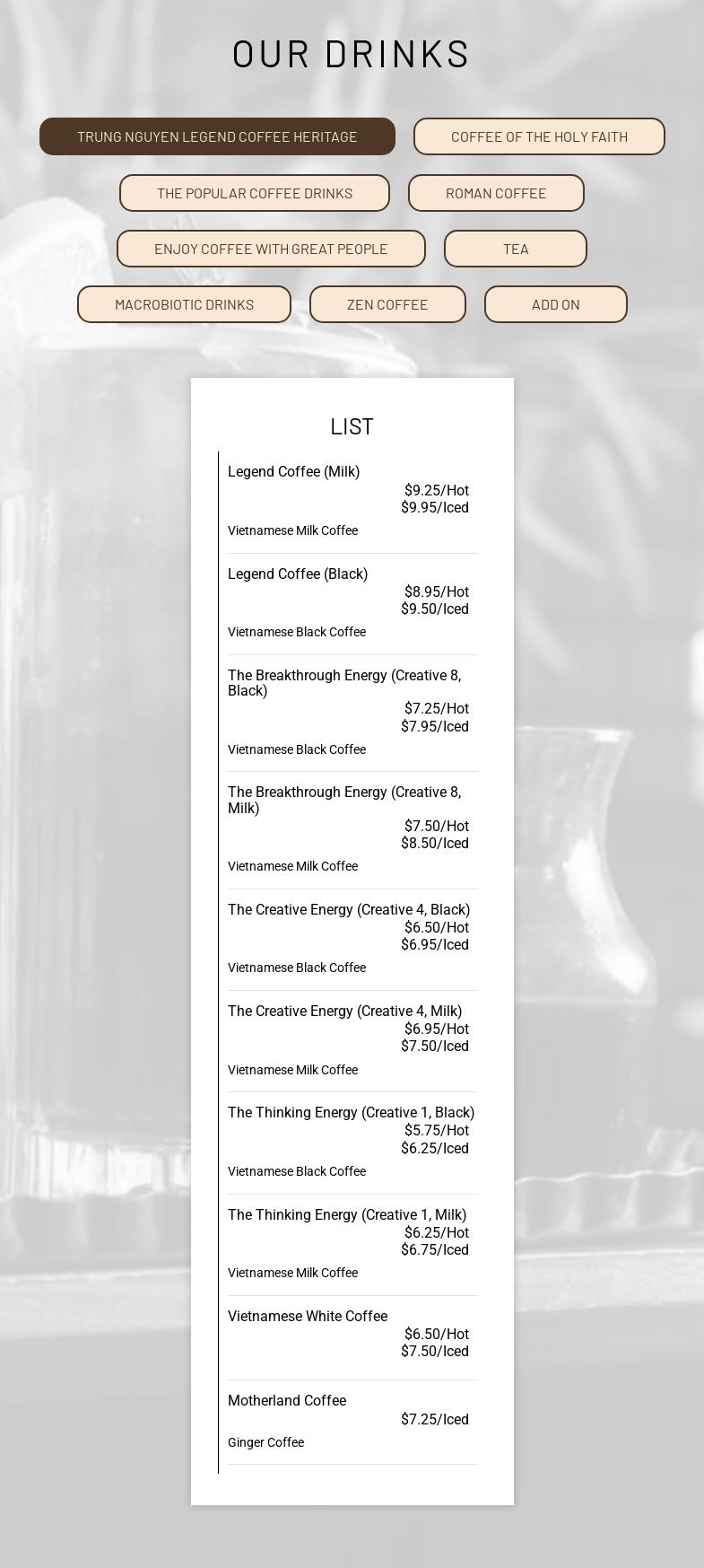 Trung Nguyen Legend SJ Menu