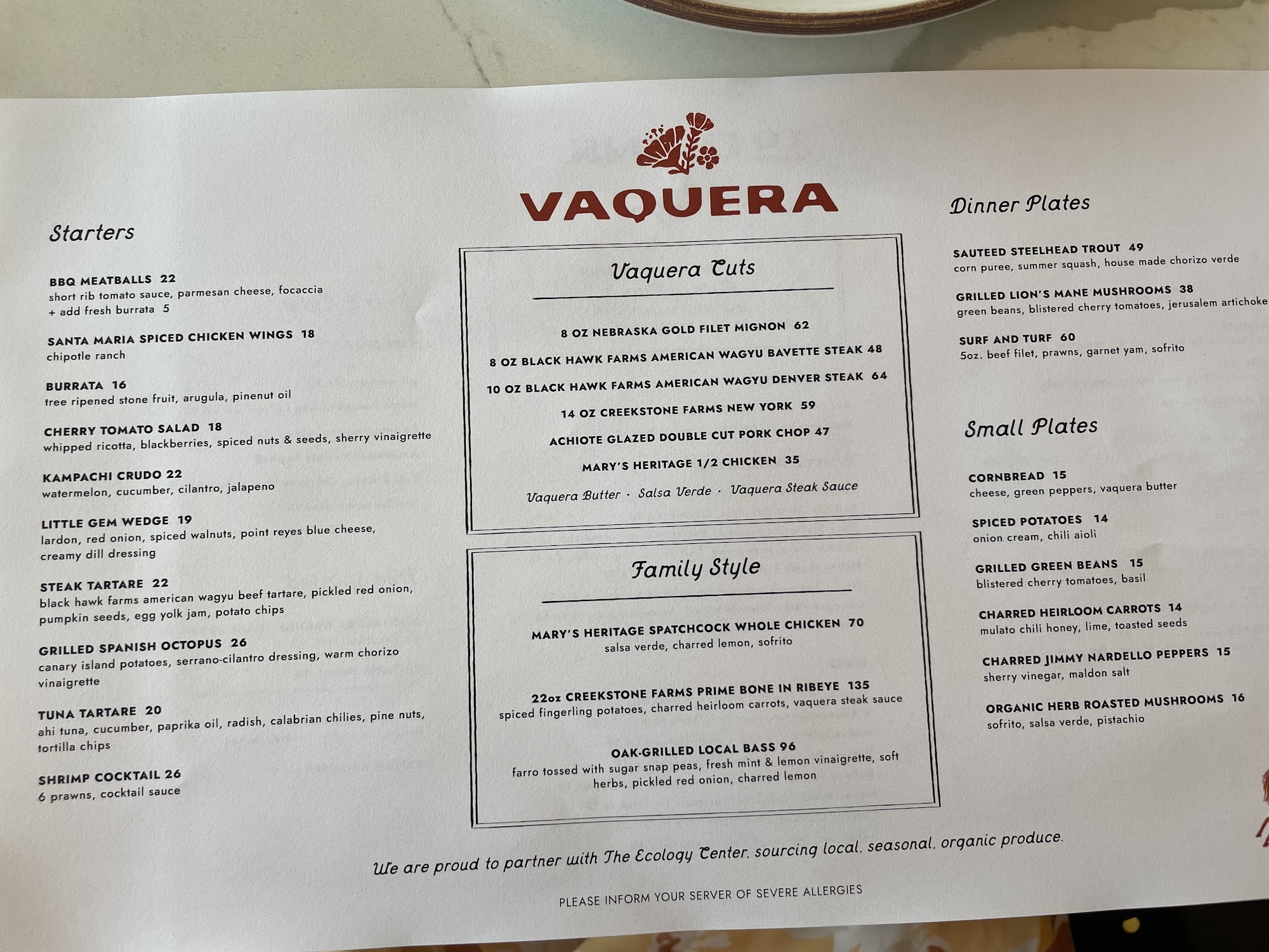 La Vaquera Menu