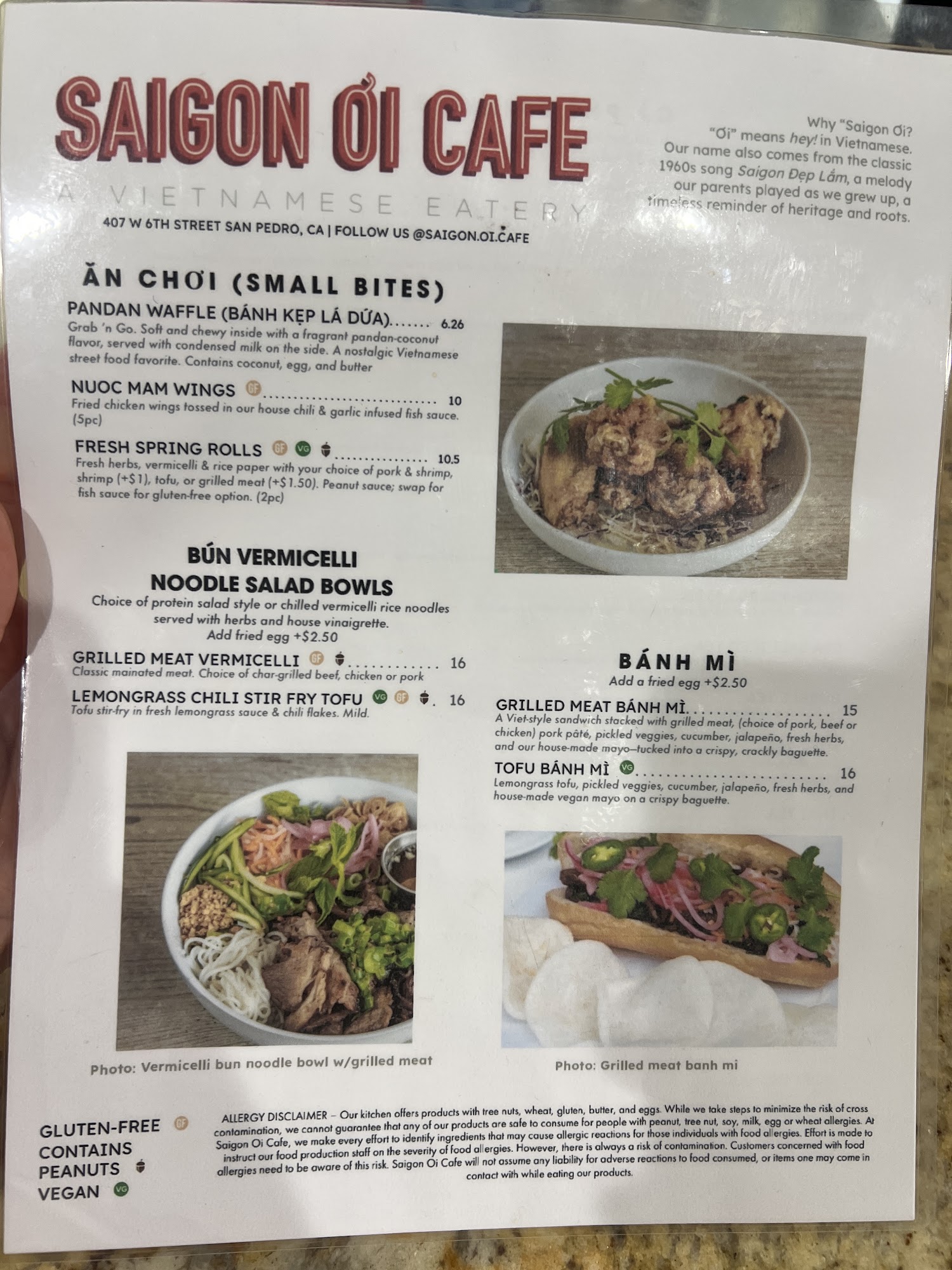 Saigon Oi Cafe SP Menu