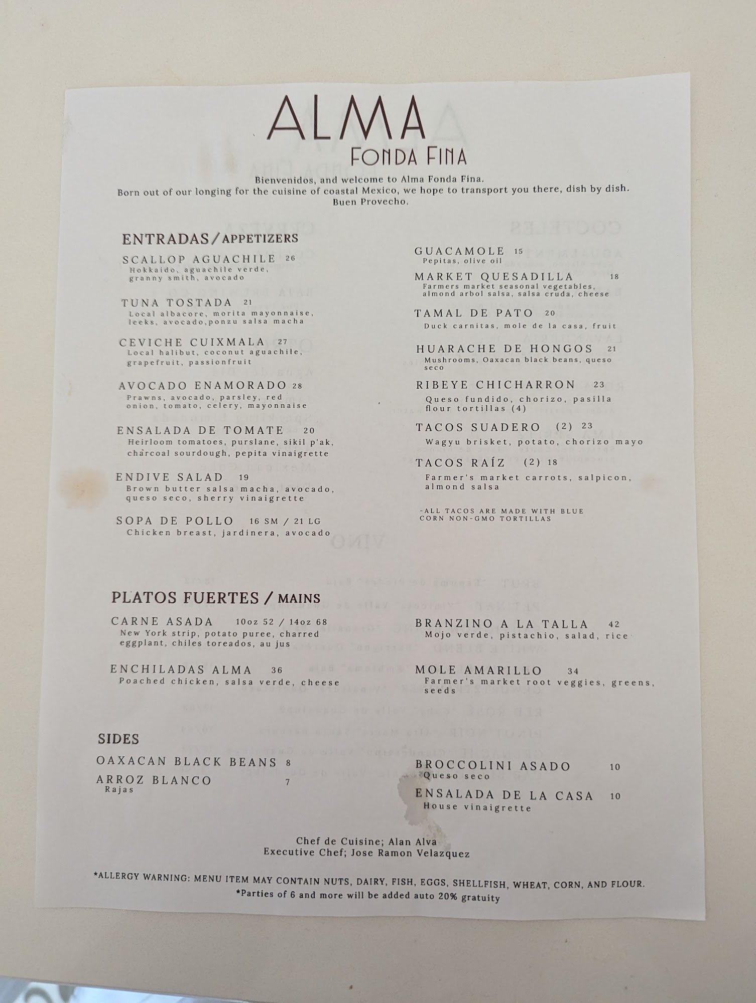 Alma Fonda Fina Menu