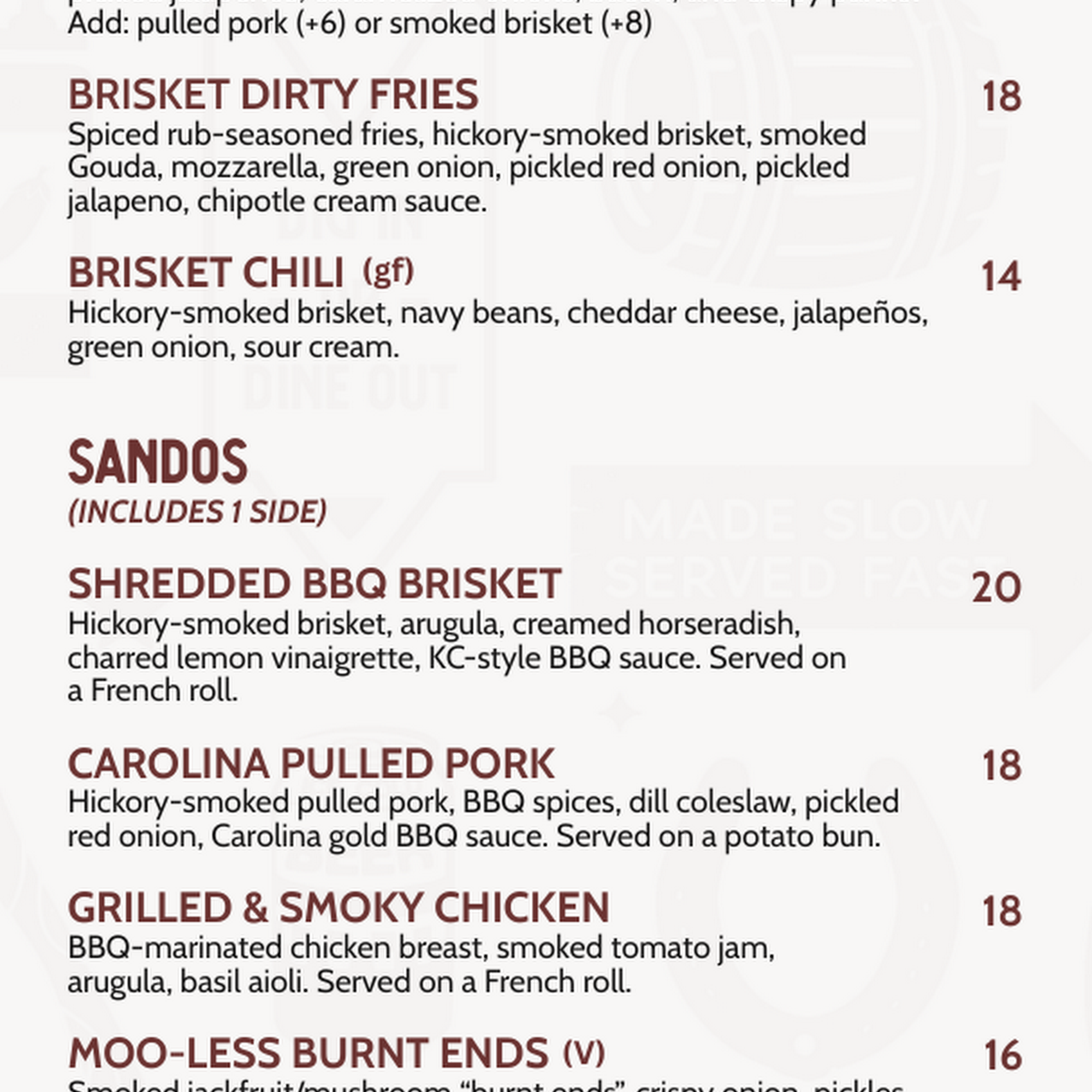 'Que by Whiskey 'N Rye Menu