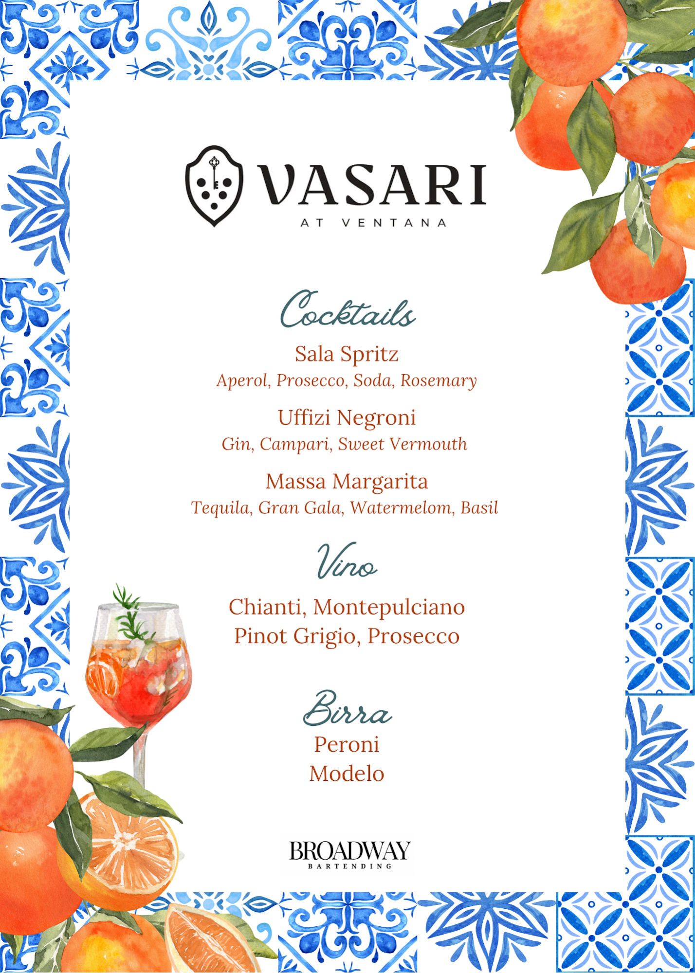 Broadway Bartending Menu