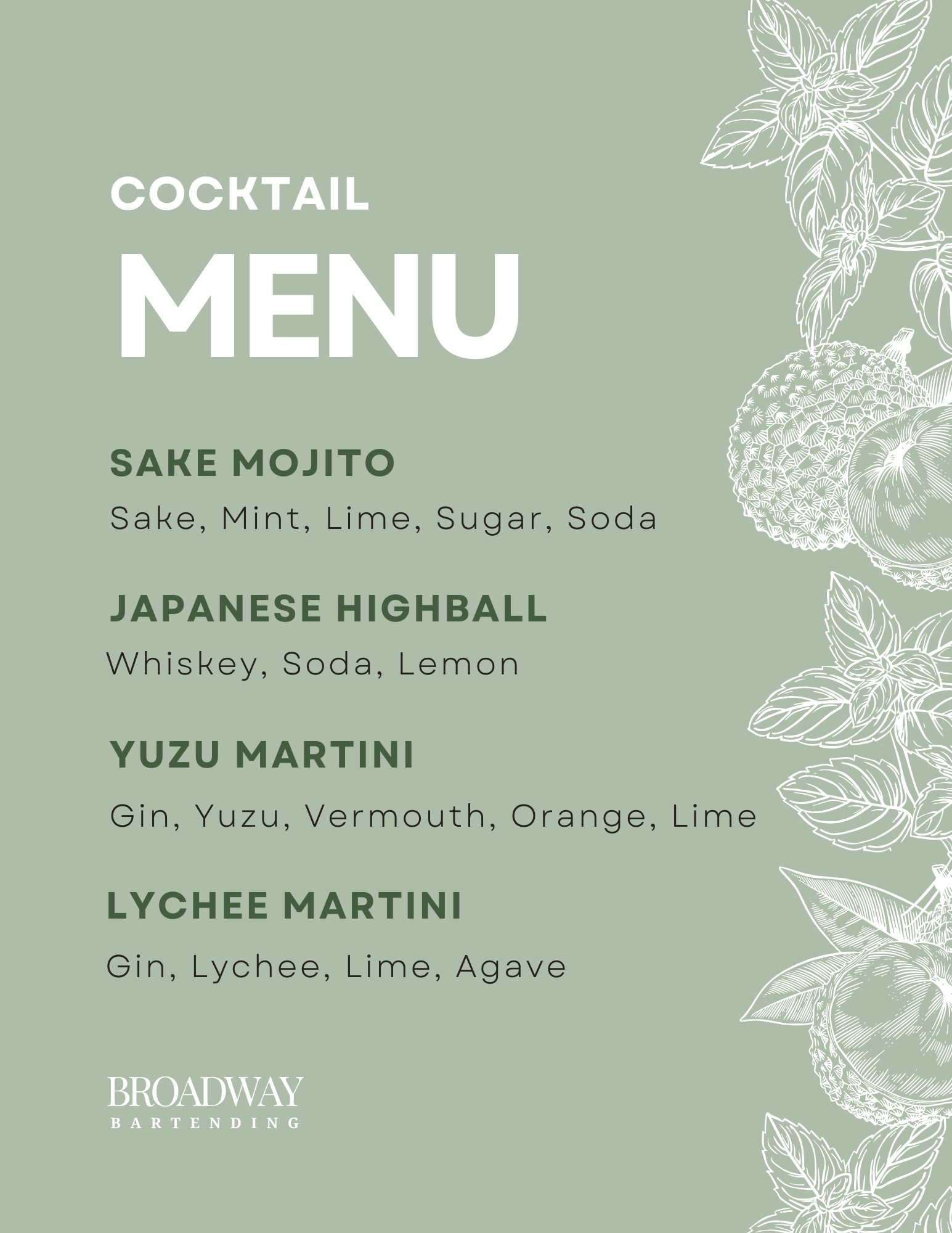 Broadway Bartending Menu
