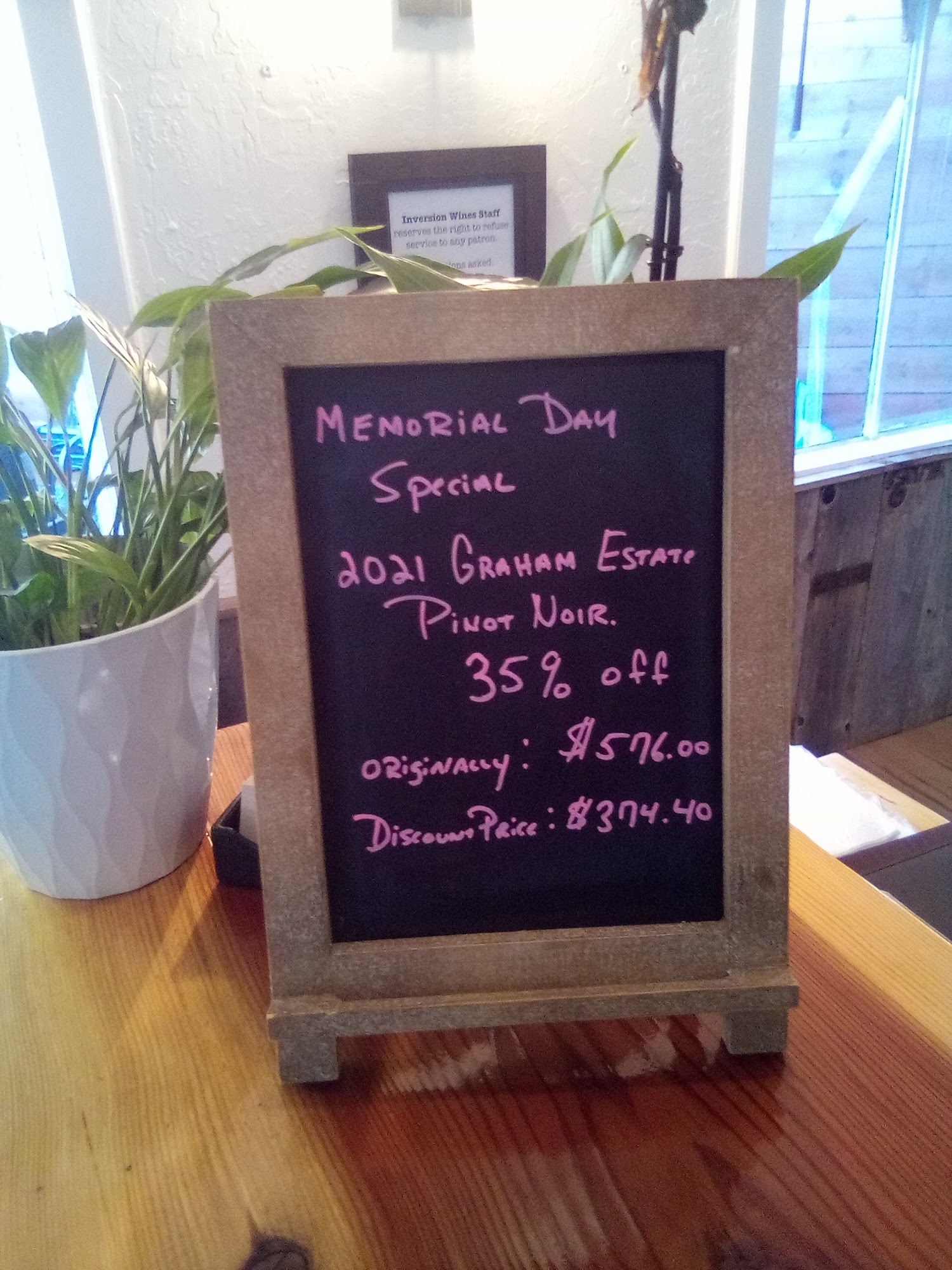 Inversion Wines Menu