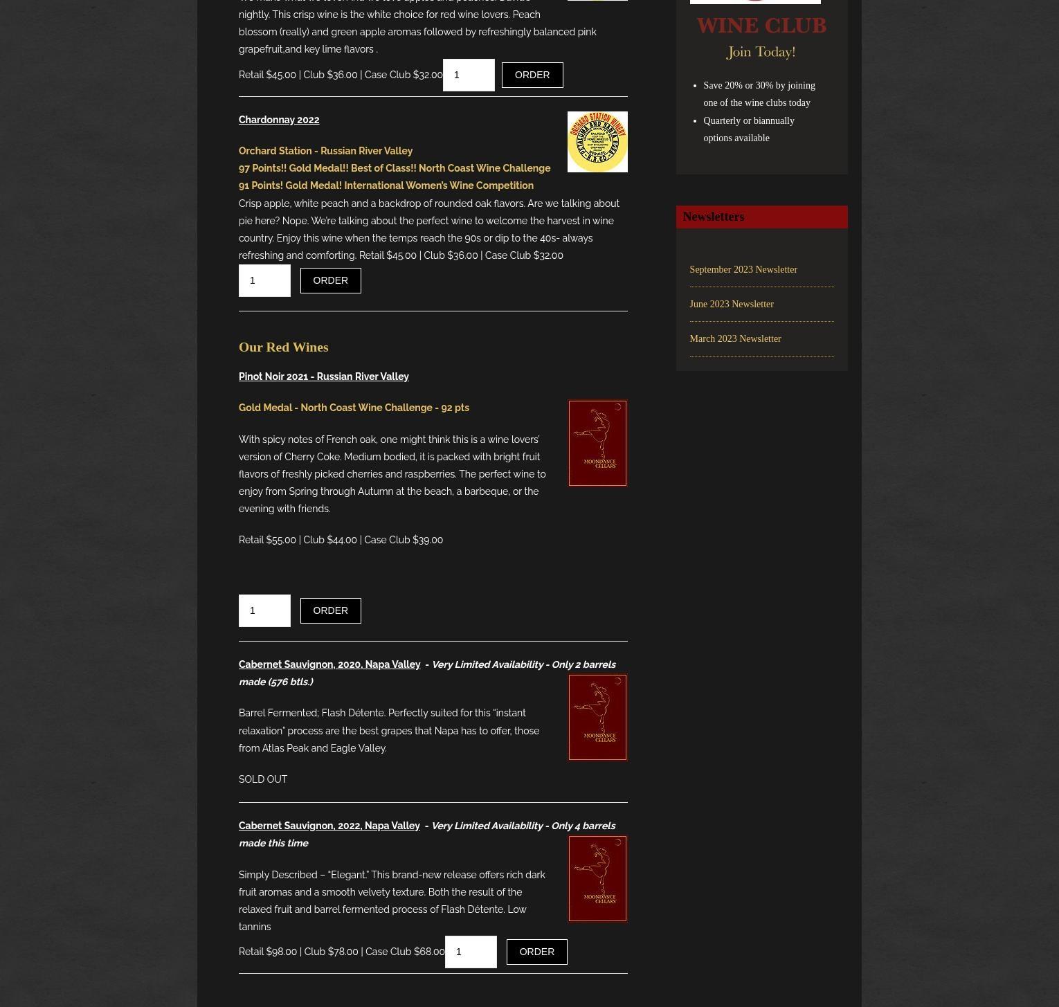 Moondance Cellars Menu