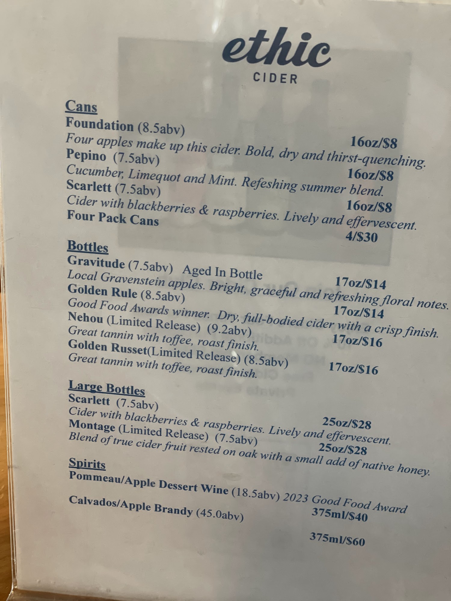 Ethic Ciders Menu