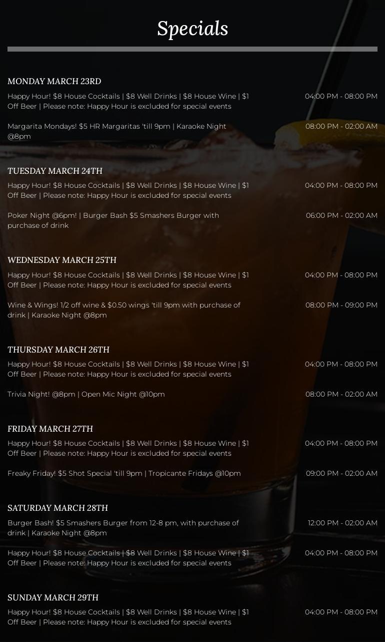 Happy Rabbit Bar and Lounge Menu