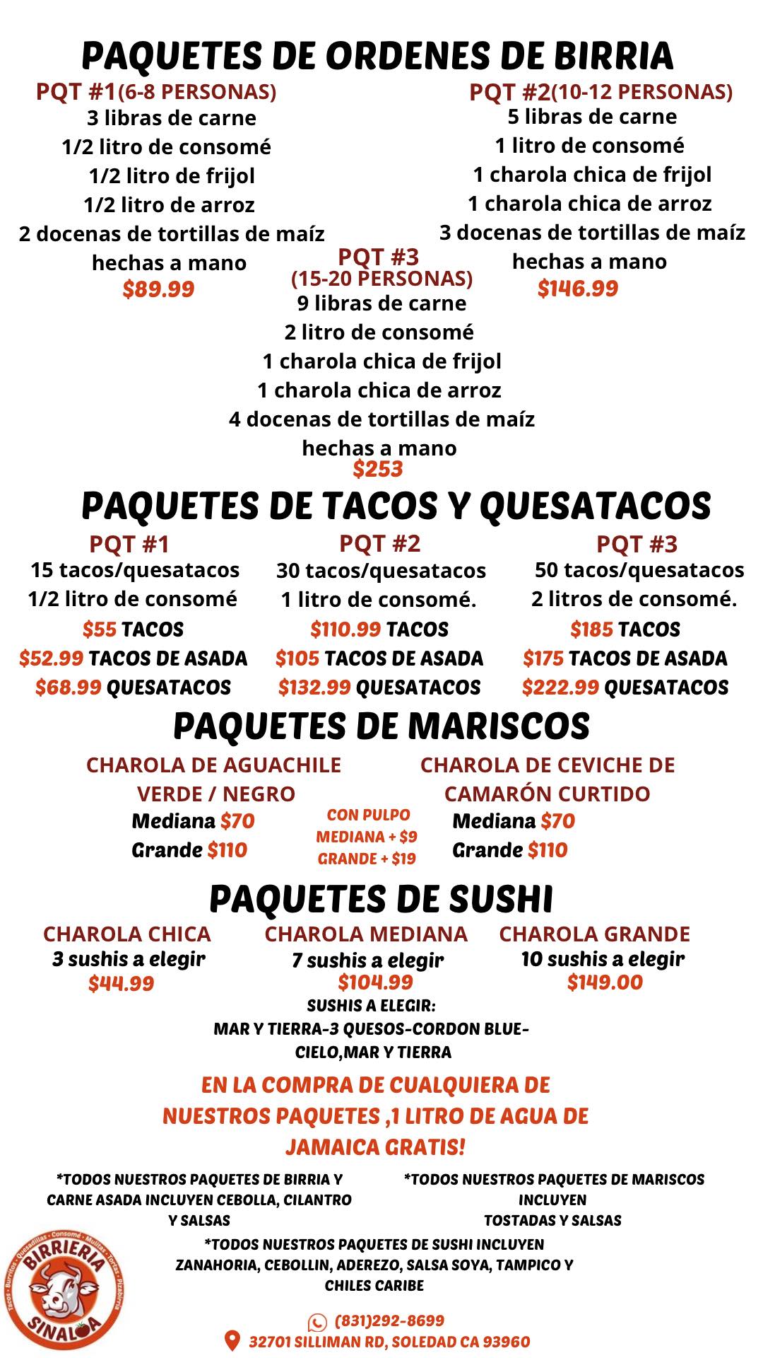 Birrieria Sinaloa Menu