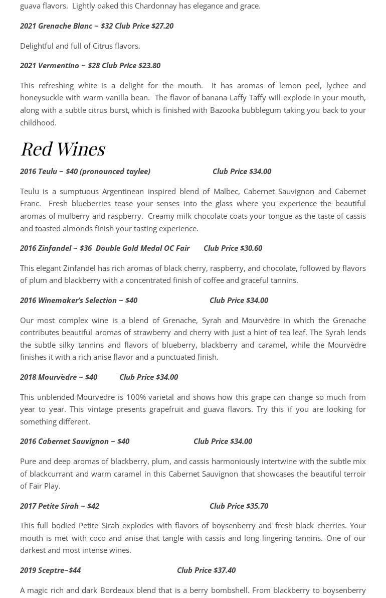 Gwinllan Estate Winery Menu