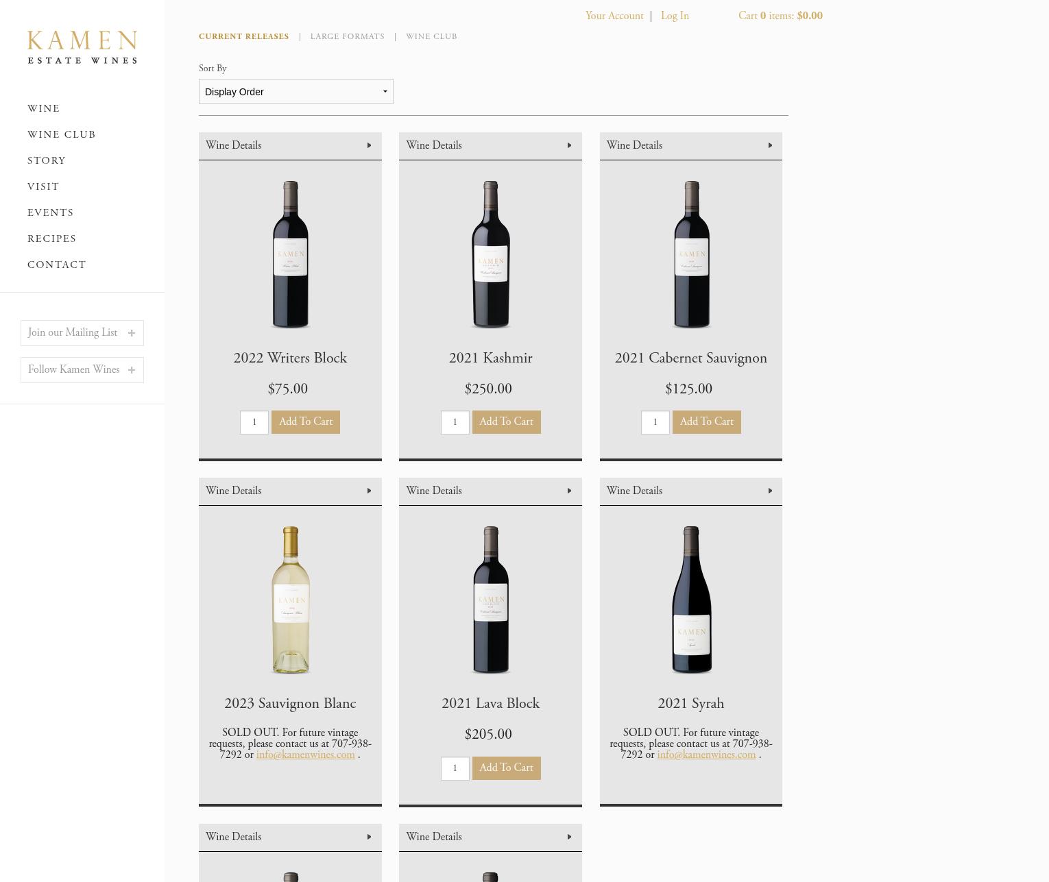 Kamen Estate Wines Menu