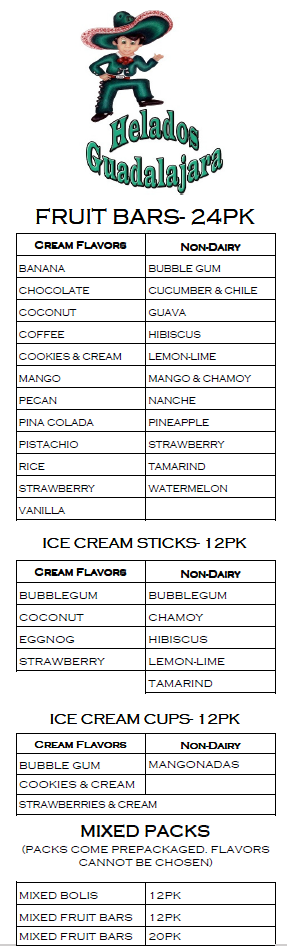 Helados Guadalajara Inc. Menu