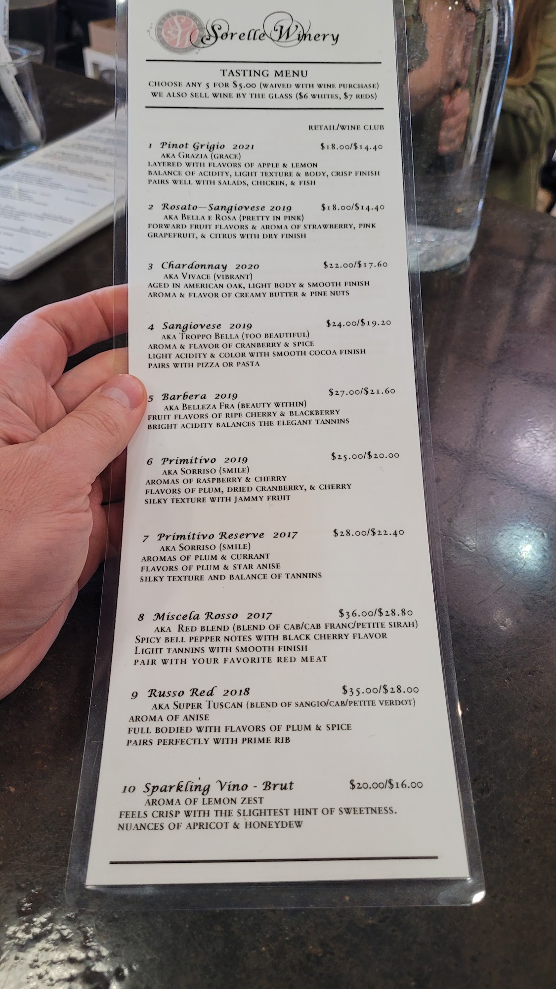 Sorelle Winery Menu