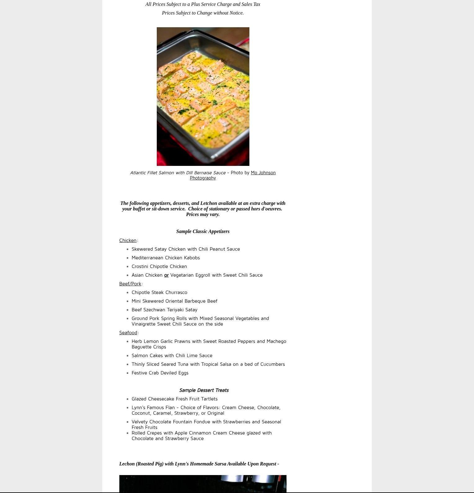 Lynn's Entrees Catering Menu