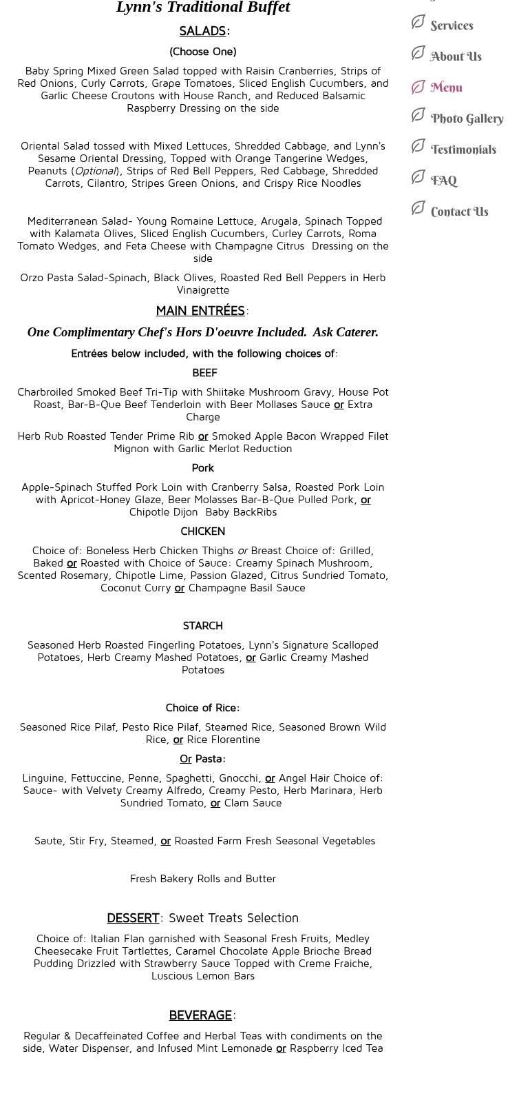 Lynn's Entrees Catering Menu