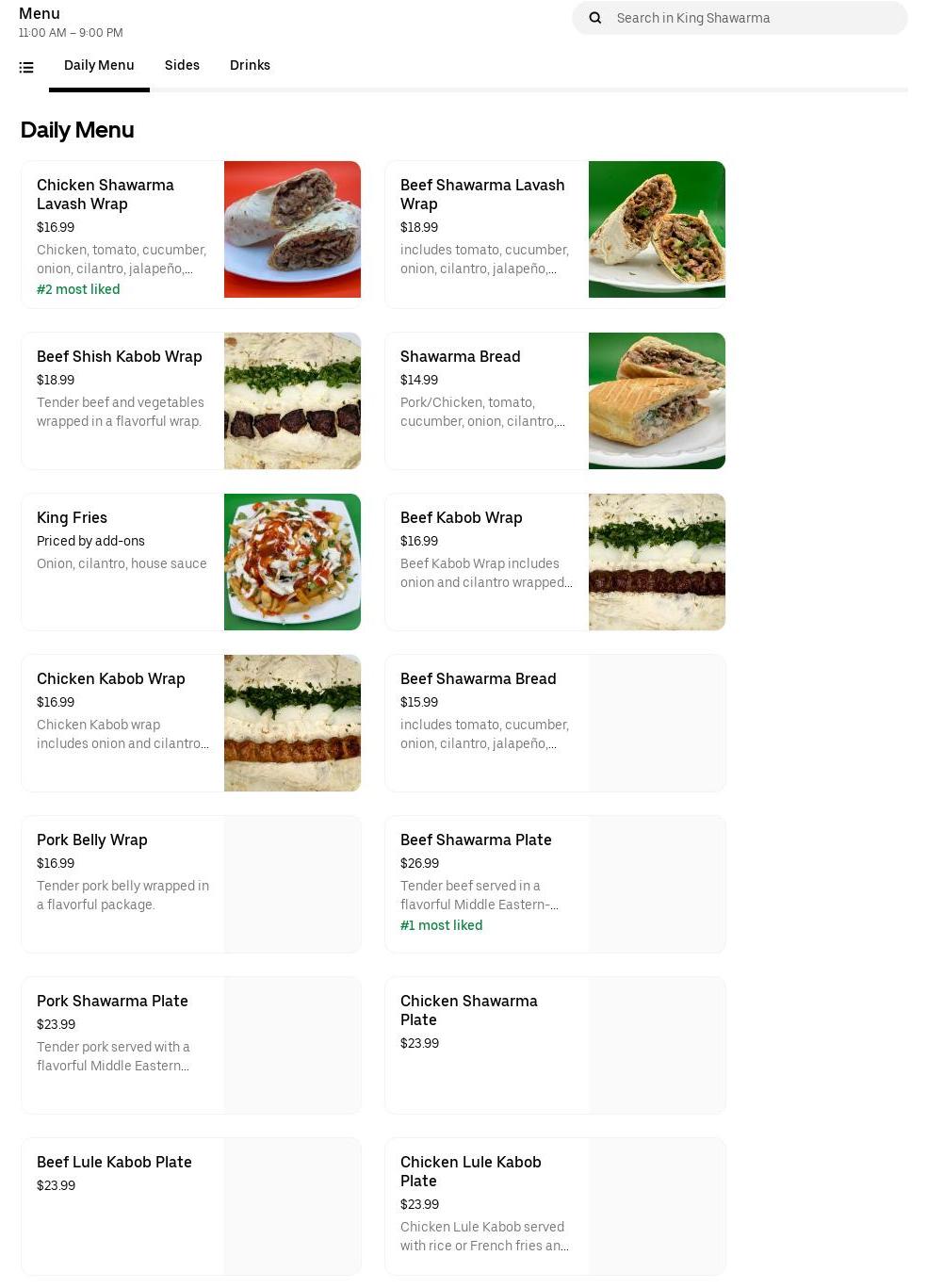 King Shawarma Menu