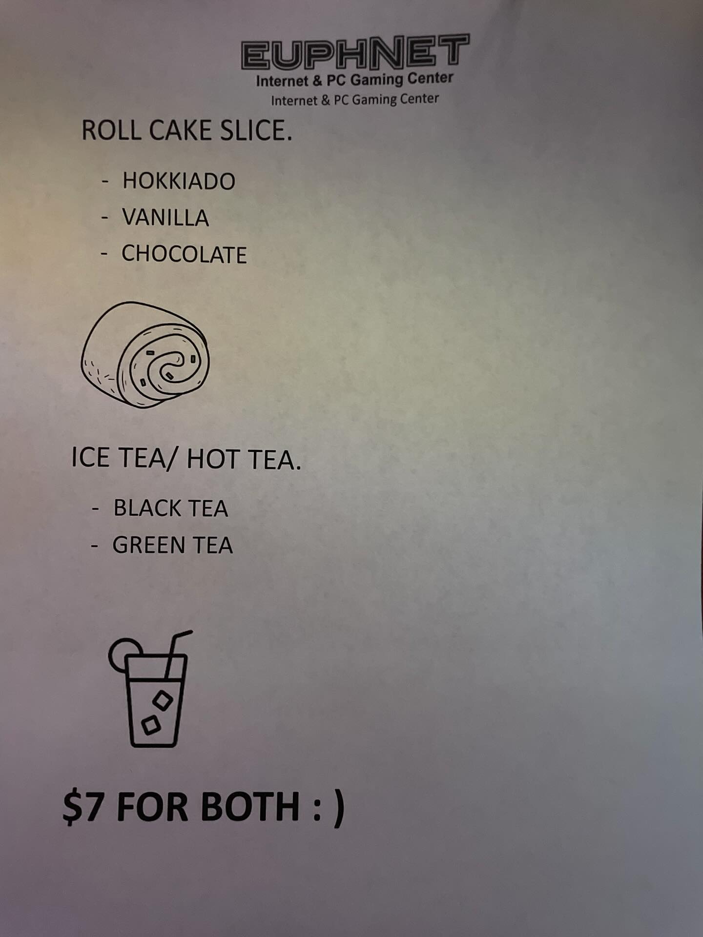 Euphnet Cyber Cafe Menu
