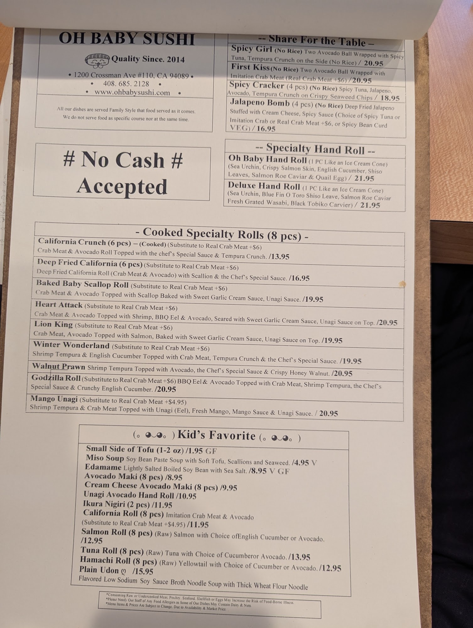 Oh Baby Sushi - Sunnyvale Menu
